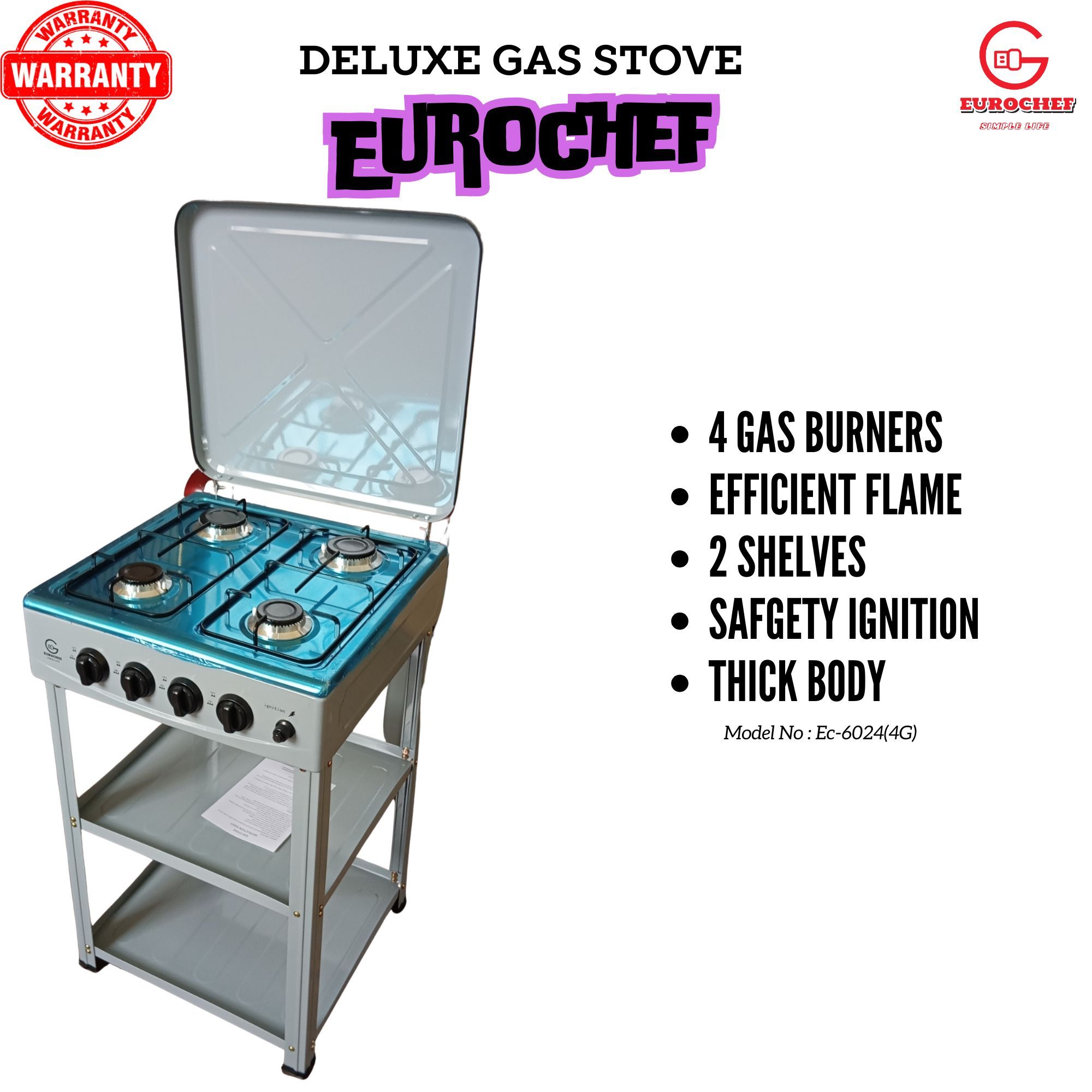 EUROCHEF EC-6024(4G) Free standing 4 Gas Cooker With Shelves NO OVEN