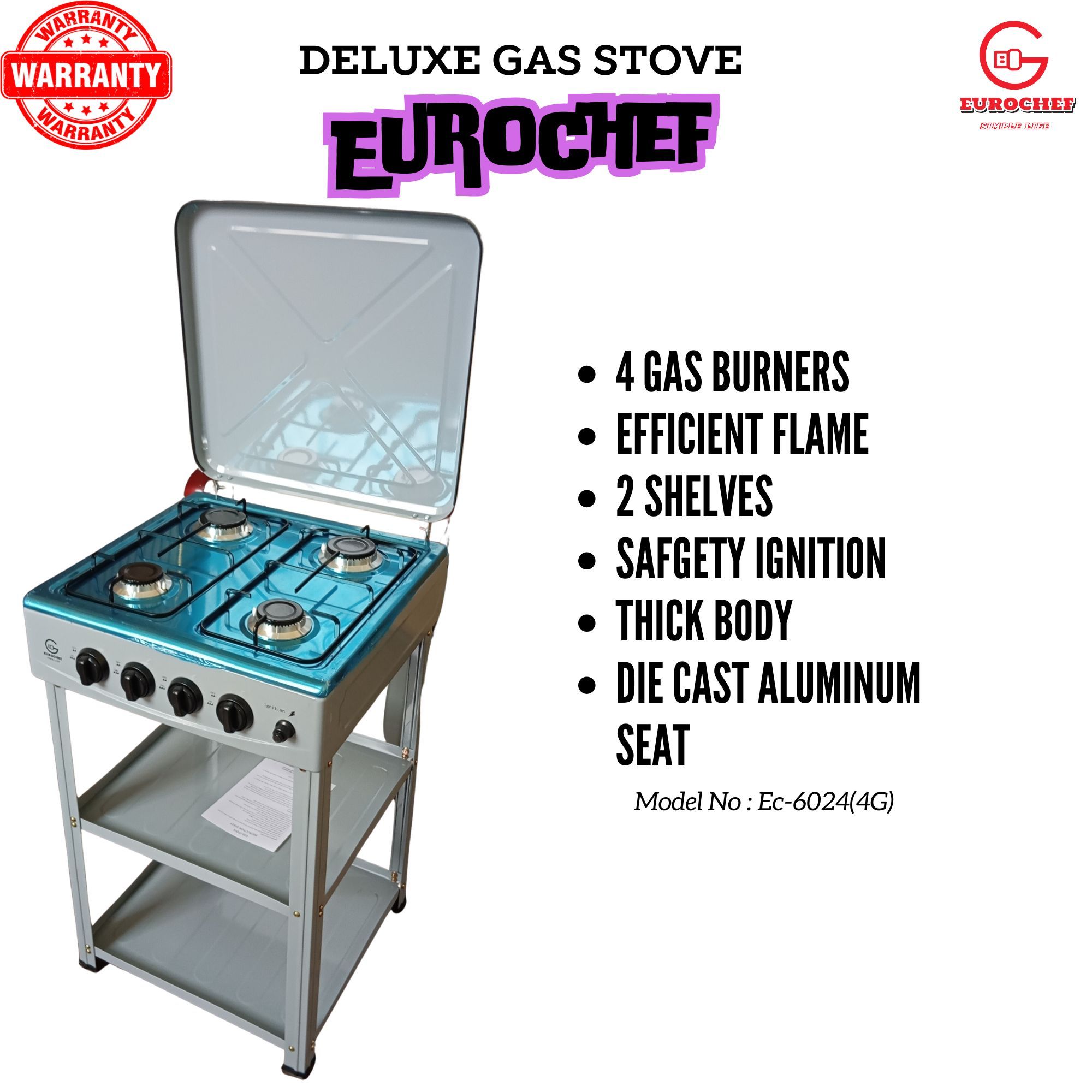 EUROCHEF EC-6024(4G) Free standing 4 Gas Cooker With Shelves NO OVEN
