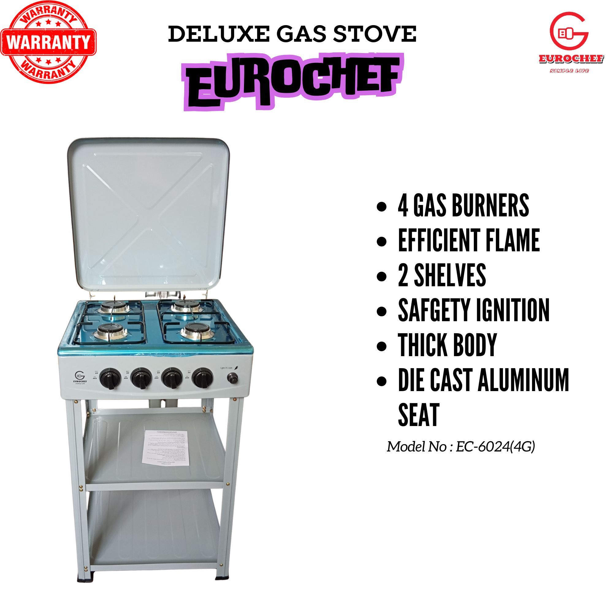 EUROCHEF EC-6024(4G) Free standing 4 Gas Cooker With Shelves NO OVEN