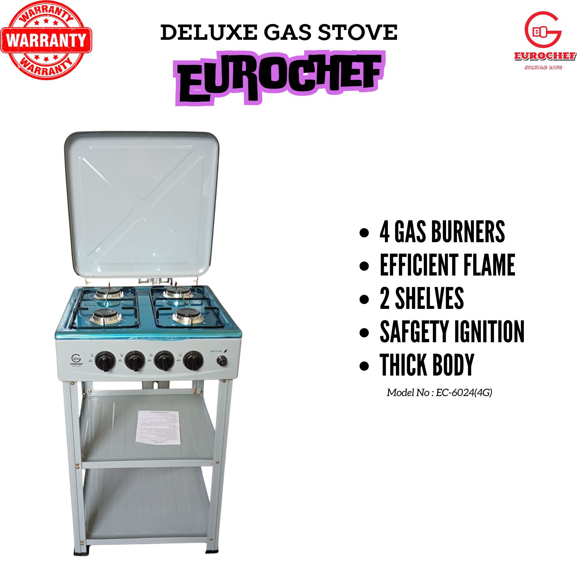 EUROCHEF EC-6024(4G) Free standing 4 Gas Cooker With Shelves NO OVEN