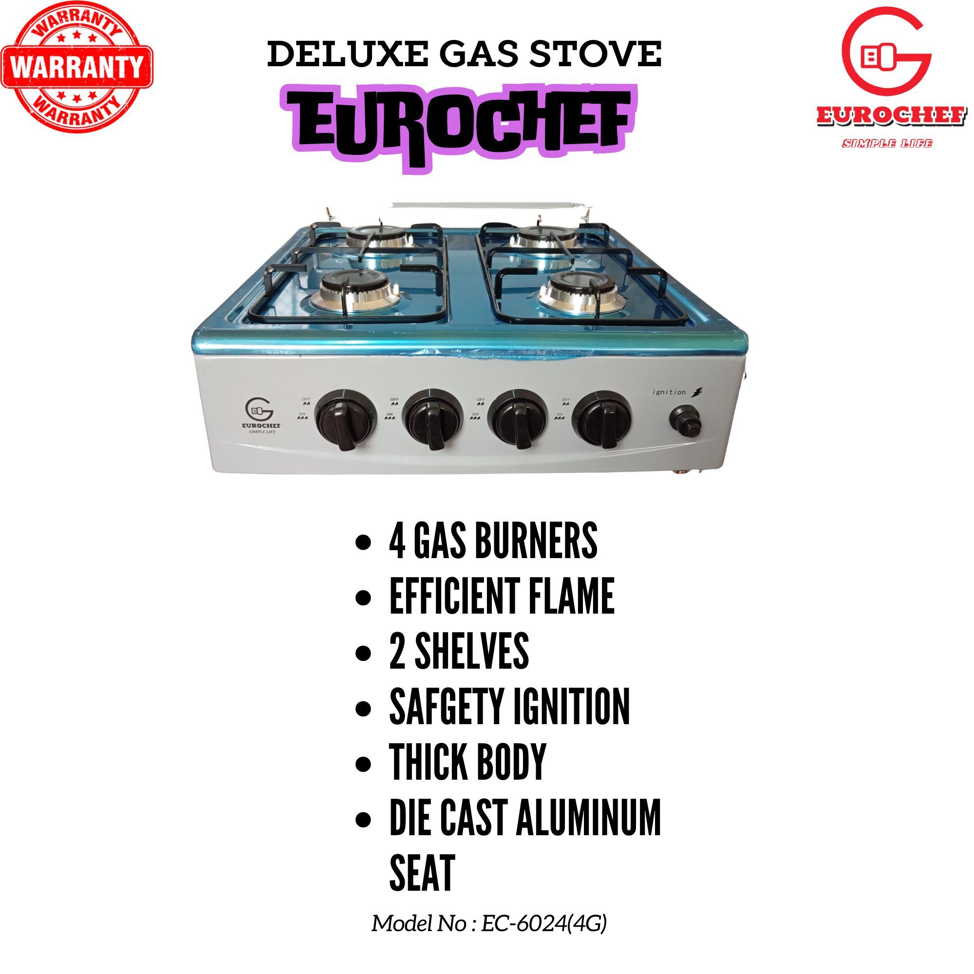 EUROCHEF EC-6024(4G) Free standing 4 Gas Cooker With Shelves NO OVEN