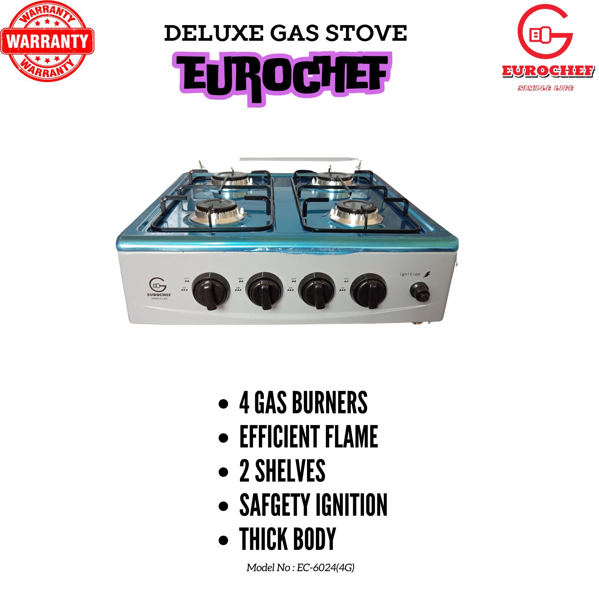 EUROCHEF EC-6024(4G) Free standing 4 Gas Cooker With Shelves NO OVEN