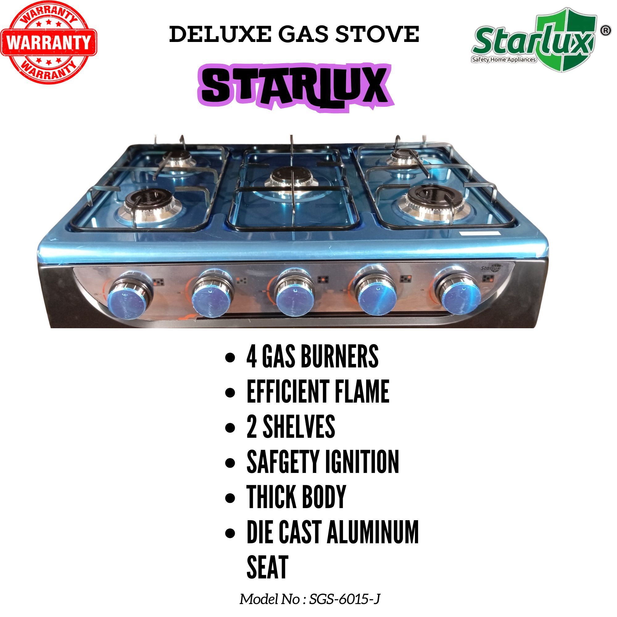 【Exclusive Offer】 STARLUX  SGS-6015-J Simple Standing Cooker Full 5 Gas Cooker With Shelves & No Oven