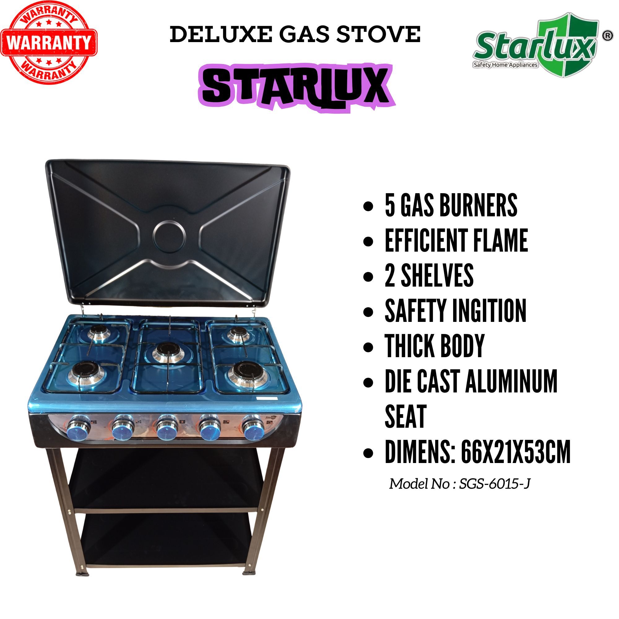 【Exclusive Offer】 STARLUX  SGS-6015-J Simple Standing Cooker Full 5 Gas Cooker With Shelves & No Oven