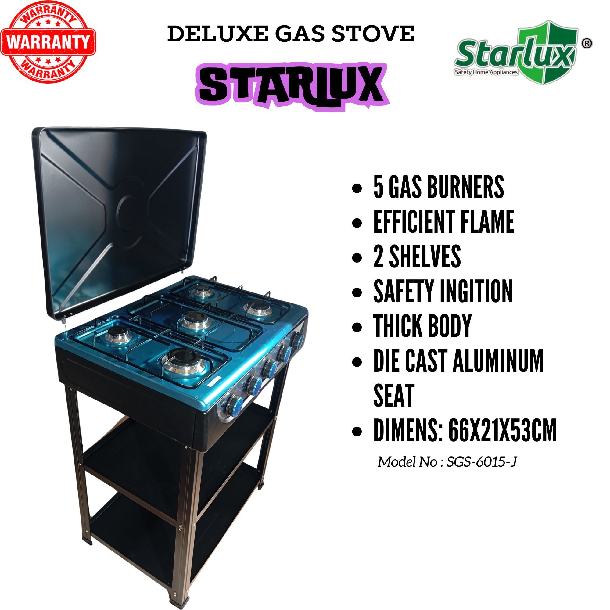 【Exclusive Offer】 STARLUX  SGS-6015-J Simple Standing Cooker Full 5 Gas Cooker With Shelves & No Oven