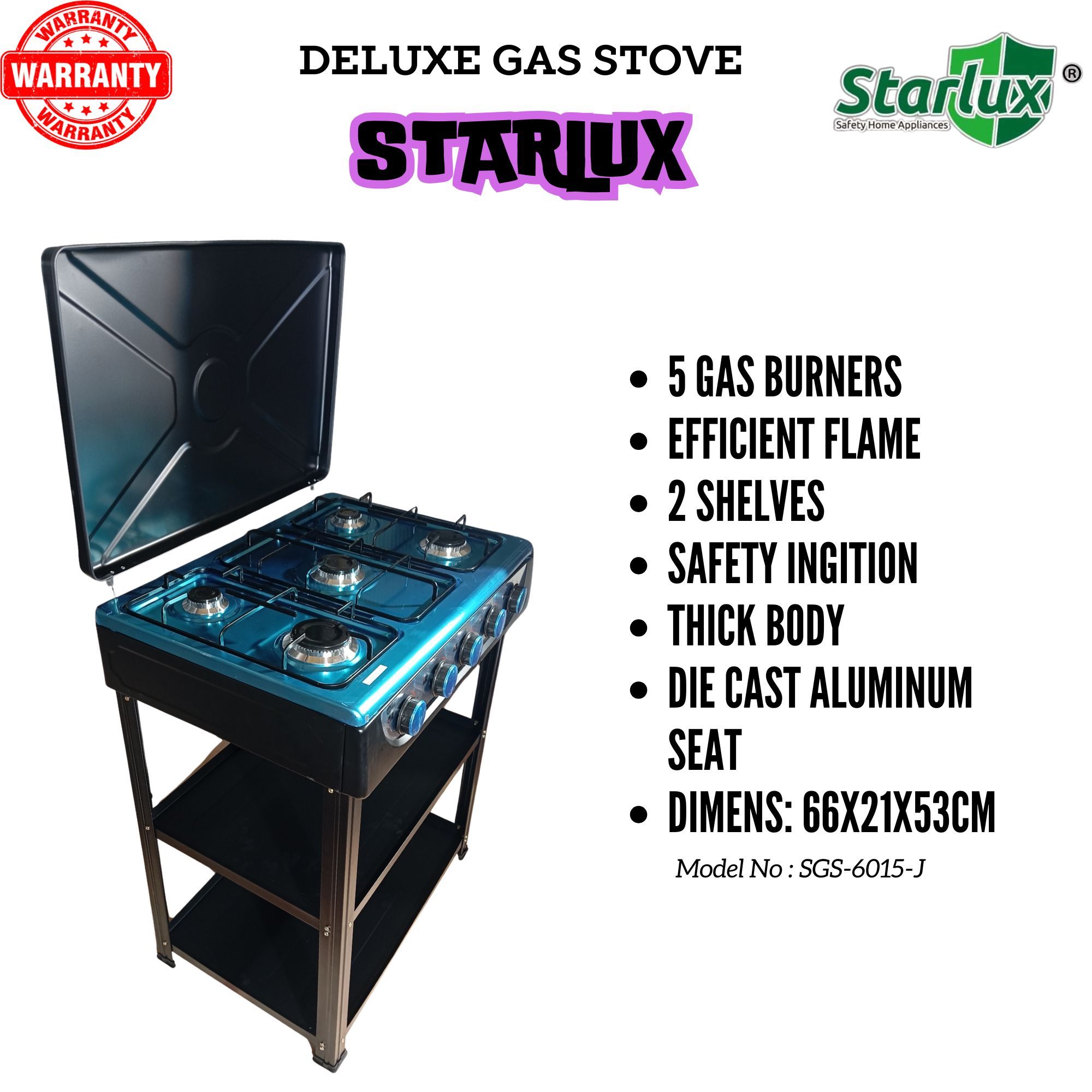【Exclusive Offer】 STARLUX  SGS-6015-J Simple Standing Cooker Full 5 Gas Cooker With Shelves & No Oven