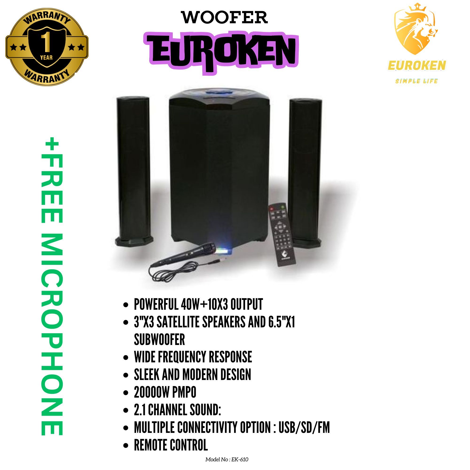 【Exclusive Offer】NEW EUROKEN MTUNGI EK-607 2.1CH With 20,000 PMPO MTUNGI Subwoofer Speaker  Home Theatre Audio System  With Remote Control BLUETOOTH/USB/SD/FM FREE MIC