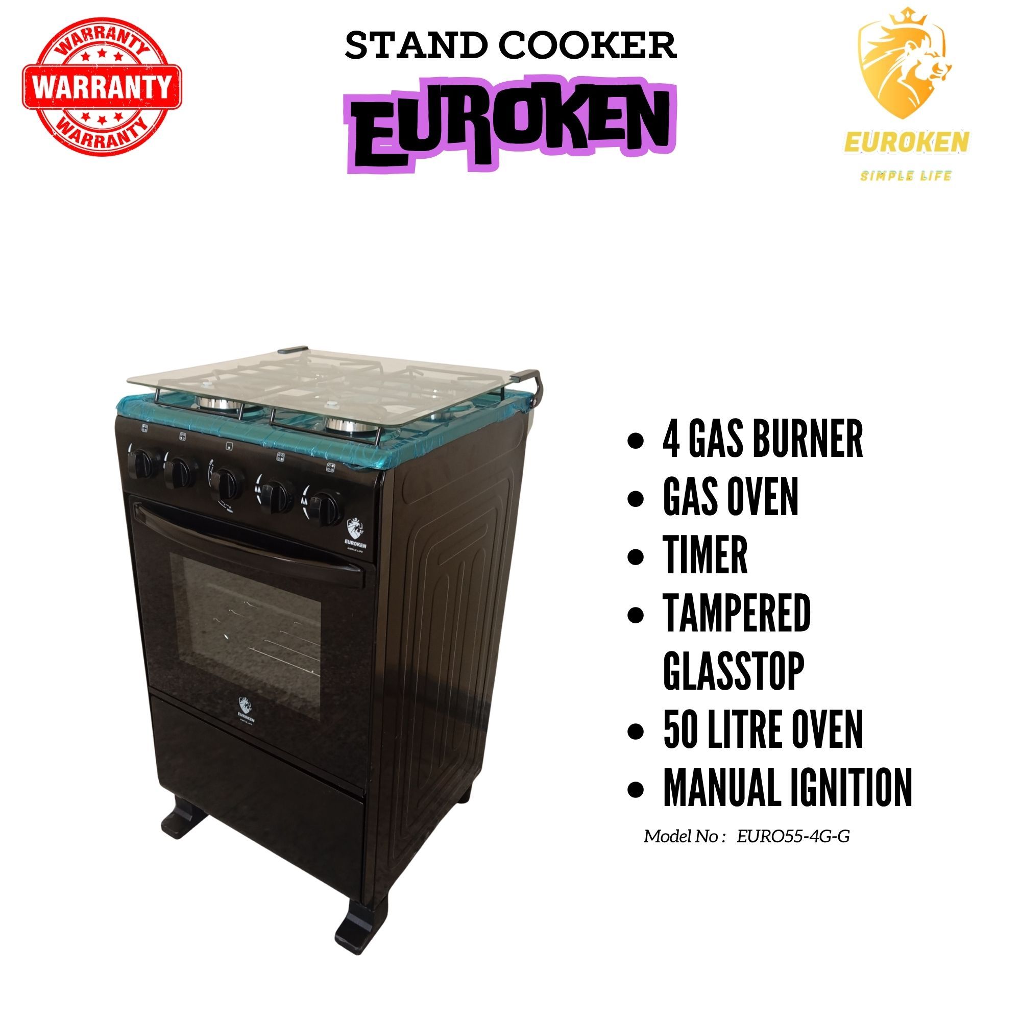 【ExclusiveOffer】Euroken Euro554GG 50L Home Improvement Free Standing Full Gas Cooker Kitchen Appliance With Gas Oven 4 Burners 50X55Cm