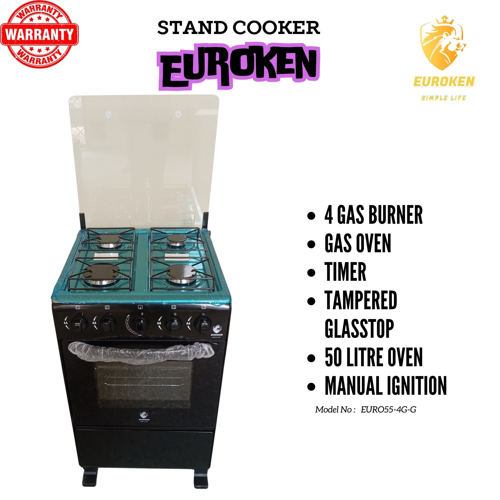【ExclusiveOffer】Euroken Euro554GG 50L Home Improvement Free Standing Full Gas Cooker Kitchen Appliance With Gas Oven 4 Burners 50X55Cm