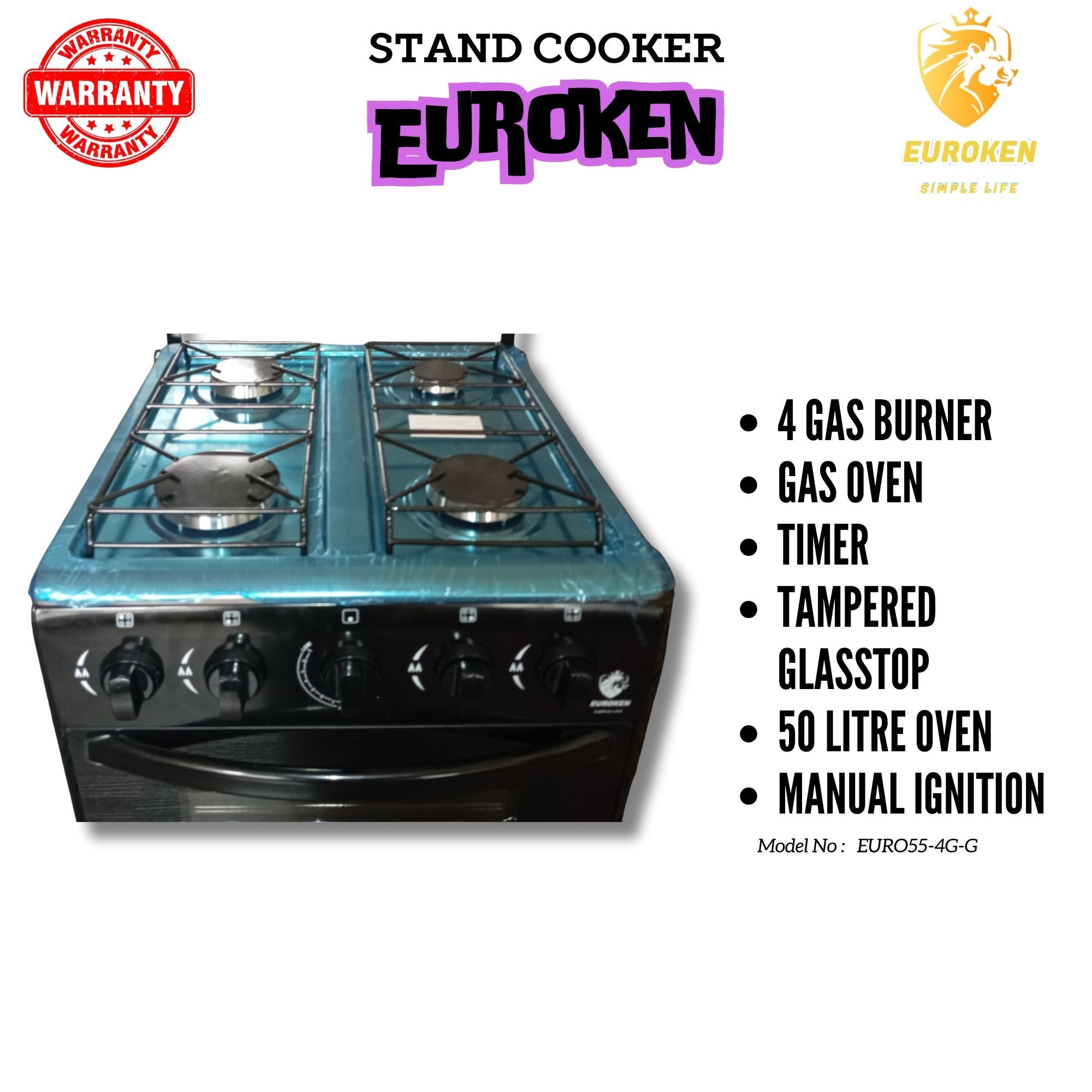 【ExclusiveOffer】Euroken Euro554GG 50L Home Improvement Free Standing Full Gas Cooker Kitchen Appliance With Gas Oven 4 Burners 50X55Cm
