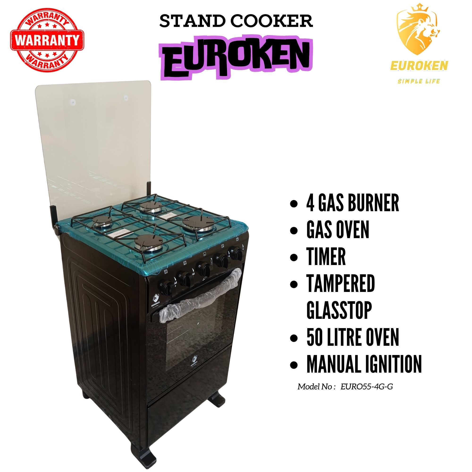 【ExclusiveOffer】Euroken Euro554GG 50L Home Improvement Free Standing Full Gas Cooker Kitchen Appliance With Gas Oven 4 Burners 50X55Cm