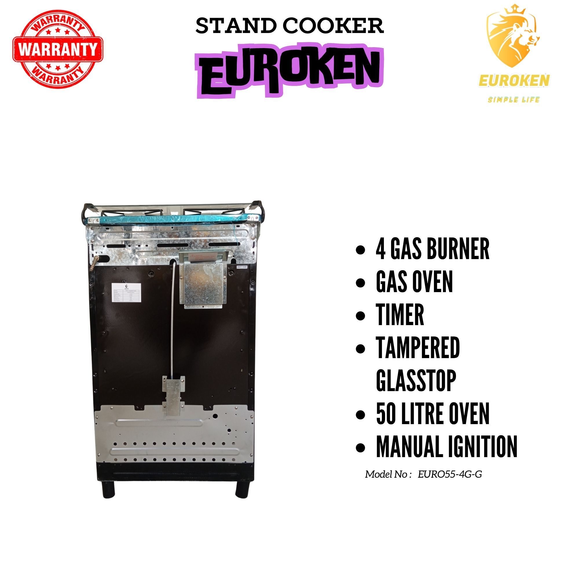 【ExclusiveOffer】Euroken Euro554GG 50L Home Improvement Free Standing Full Gas Cooker Kitchen Appliance With Gas Oven 4 Burners 50X55Cm
