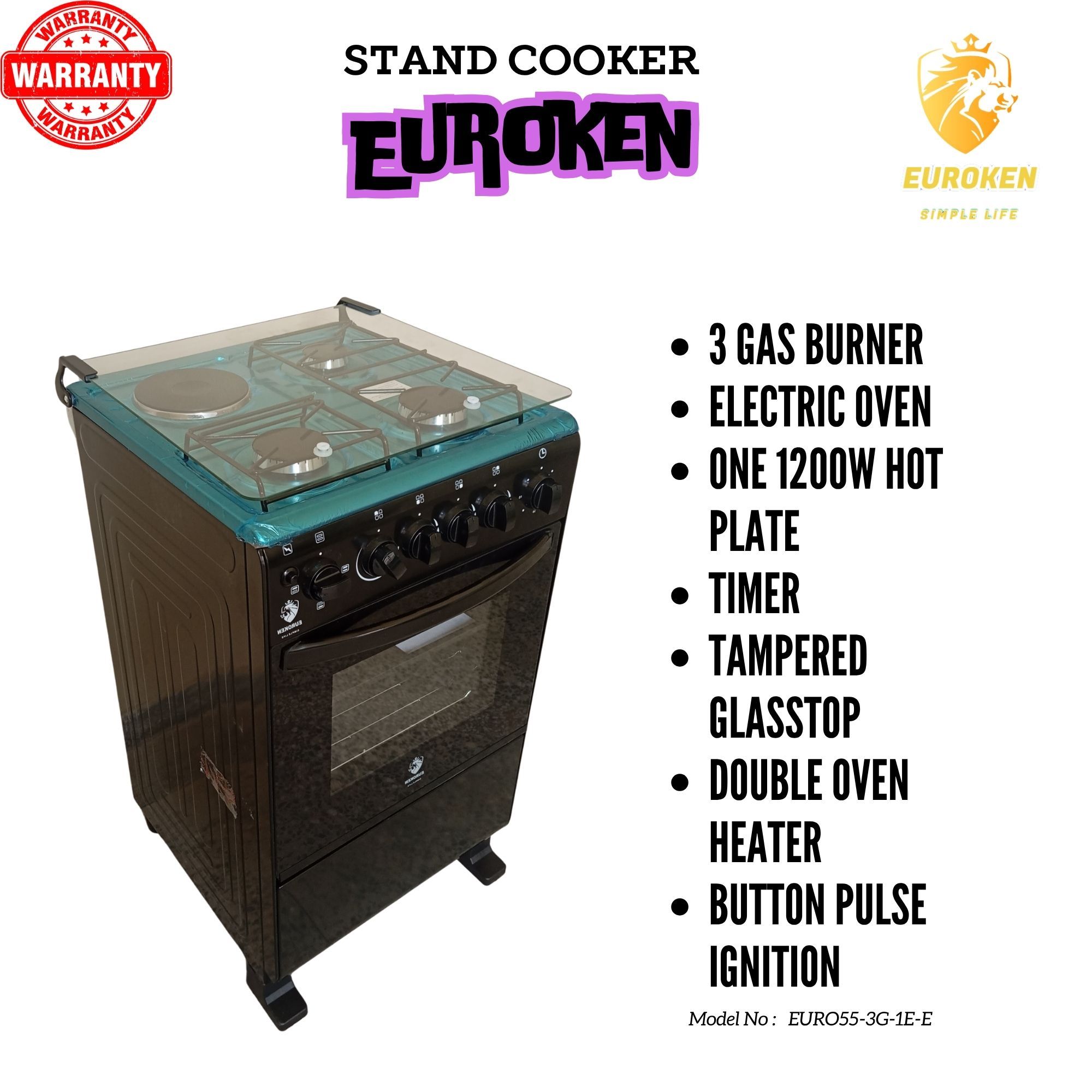 【Exclusive Offer】 EUROKEN EURO55-3G1E-E  50L HOME IMPROVEMENT  FREE STANDING COOKER 3 GAS +1 HOTPLATE KITCHEN APPLIANCE WITH ELECTRIC OVEN - 50X55CM
