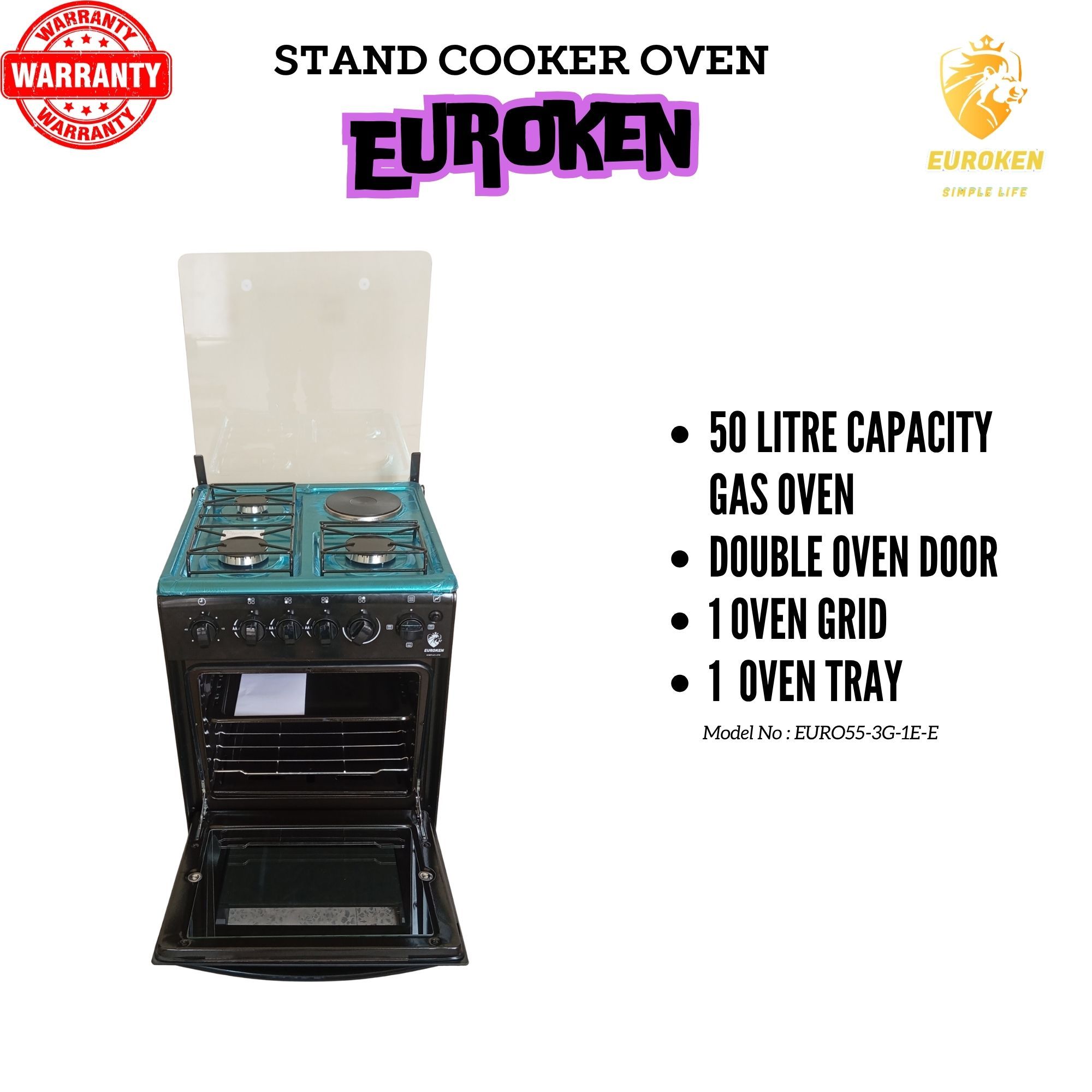【Exclusive Offer】 EUROKEN EURO55-3G1E-E  50L HOME IMPROVEMENT  FREE STANDING COOKER 3 GAS +1 HOTPLATE KITCHEN APPLIANCE WITH ELECTRIC OVEN - 50X55CM
