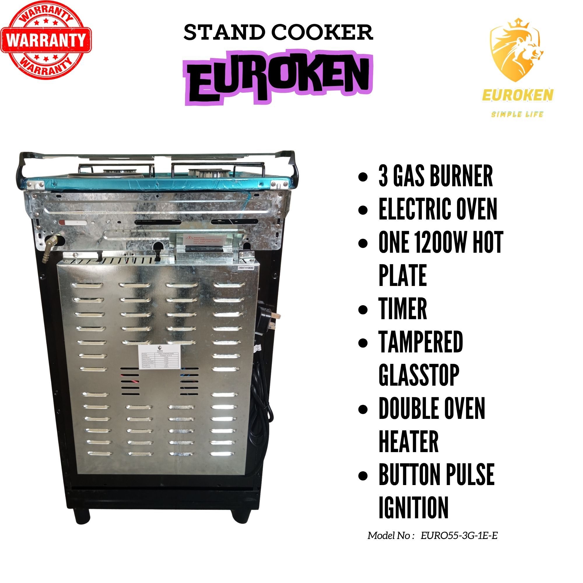 【Exclusive Offer】 EUROKEN EURO55-3G1E-E  50L HOME IMPROVEMENT  FREE STANDING COOKER 3 GAS +1 HOTPLATE KITCHEN APPLIANCE WITH ELECTRIC OVEN - 50X55CM