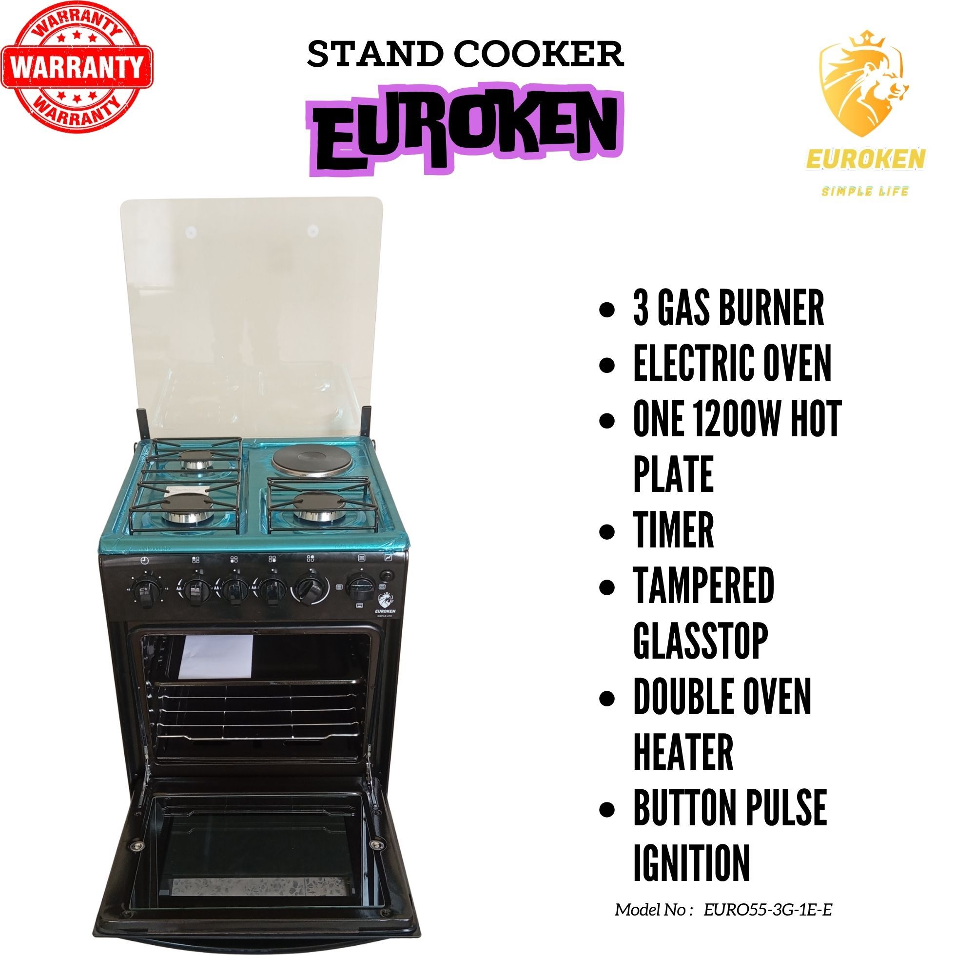 【Exclusive Offer】 EUROKEN EURO55-3G1E-E  50L HOME IMPROVEMENT  FREE STANDING COOKER 3 GAS +1 HOTPLATE KITCHEN APPLIANCE WITH ELECTRIC OVEN - 50X55CM