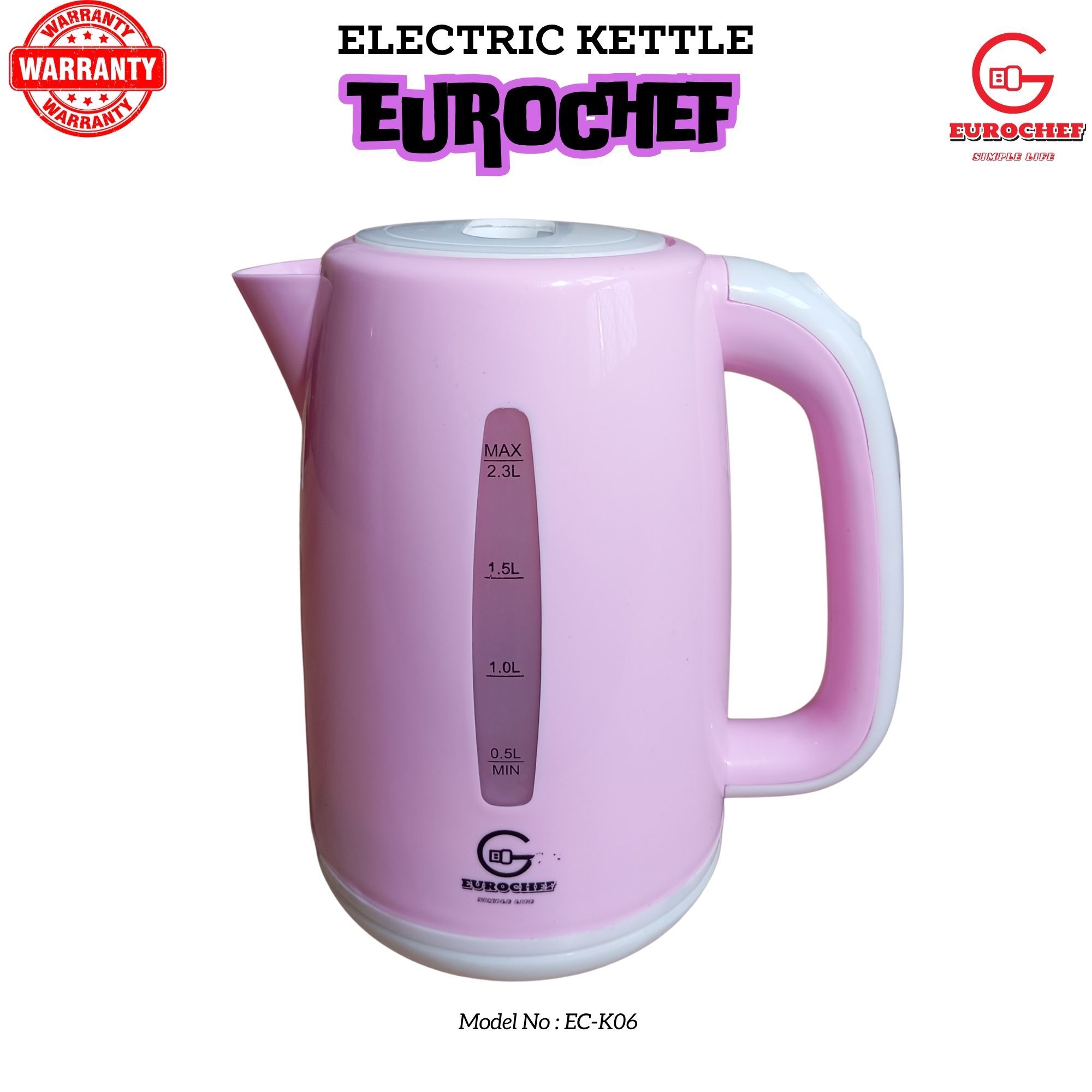 EUROCHEF EC-K06 2.3L Plastic Electric Cordless Kettle Electric Jug for boiling water Kitchen Appliance(1 YR WARRANTY) -PINK BLUE WHITE