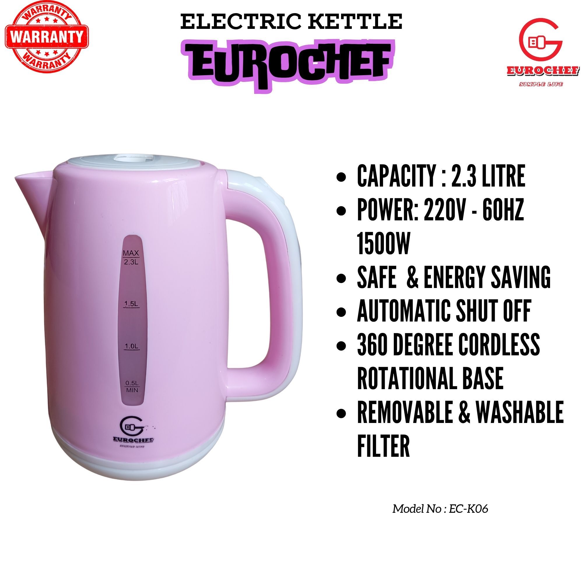 EUROCHEF EC-K06 2.3L Plastic Electric Cordless Kettle Electric Jug for boiling water Kitchen Appliance(1 YR WARRANTY) -PINK BLUE WHITE