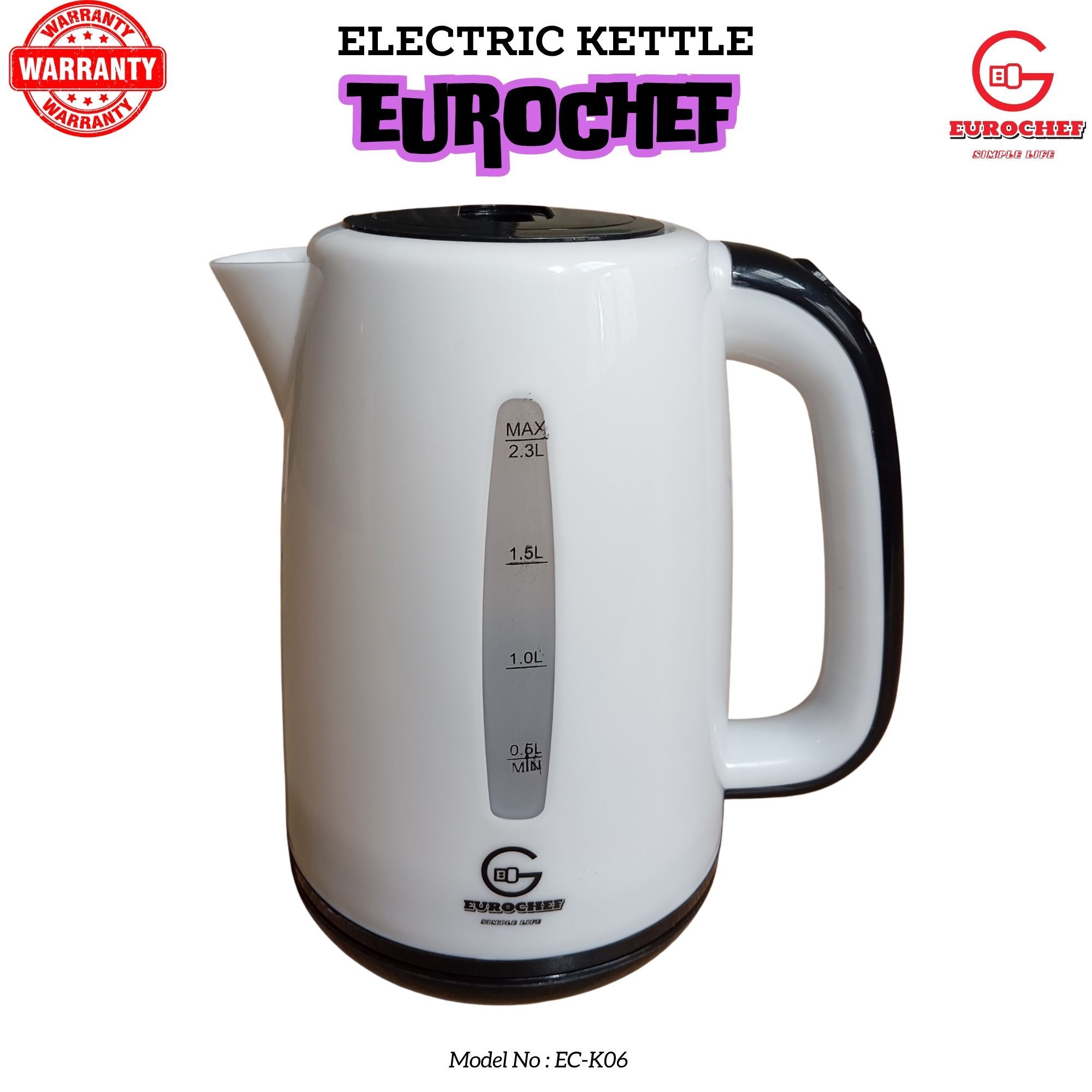 EUROCHEF EC-K06 2.3L Plastic Electric Cordless Kettle Electric Jug for boiling water Kitchen Appliance(1 YR warranty)- white/blue/pink