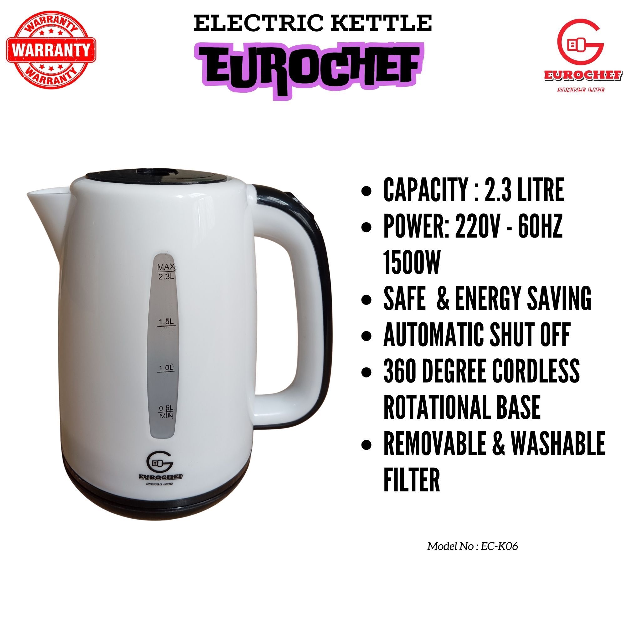 EUROCHEF EC-K06 2.3L Plastic Electric Cordless Kettle Electric Jug for boiling water Kitchen Appliance(1 YR warranty)- white/blue/pink