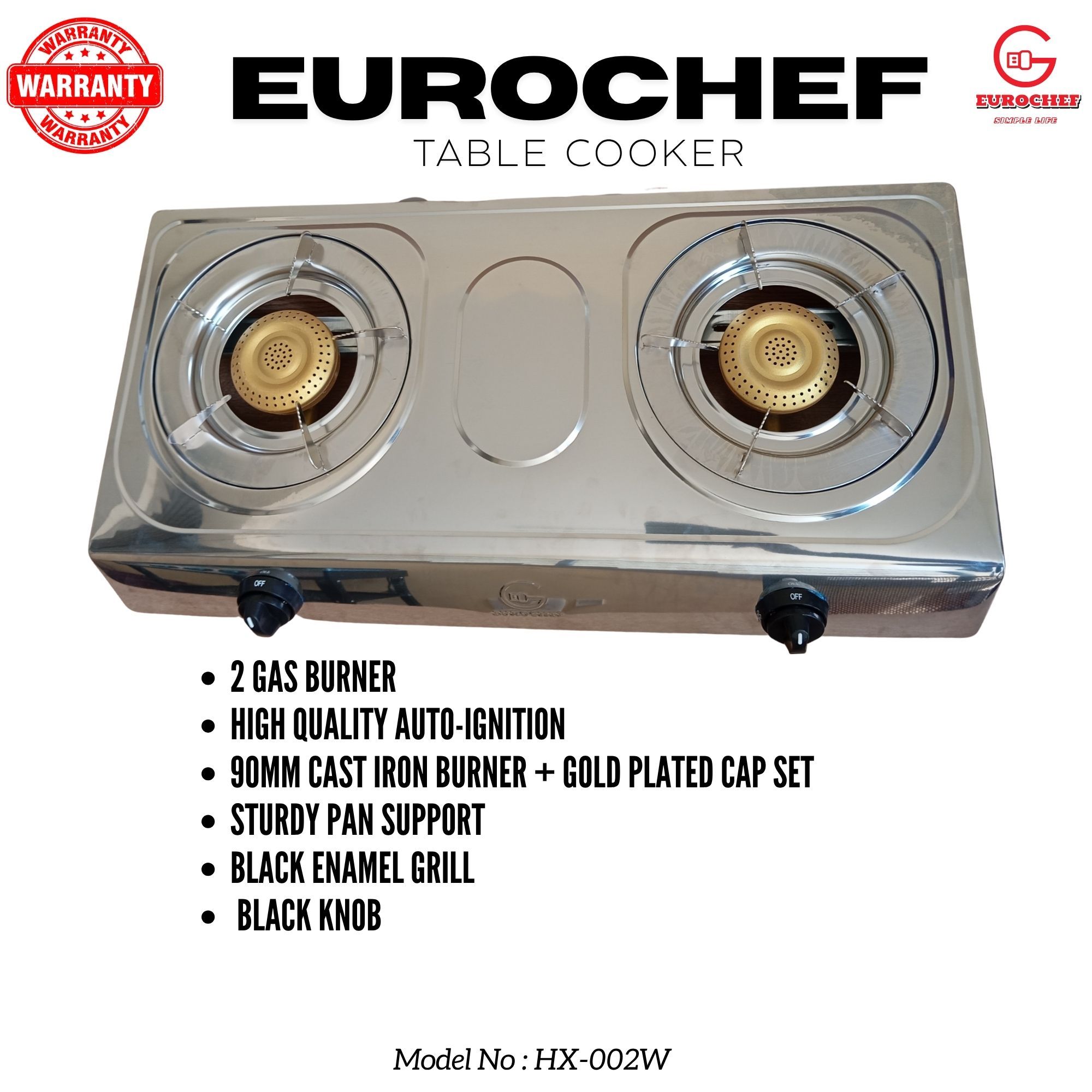 【ExclusiveOffer】Eurochef HX-002W Table Top Stainless Steel 2 Burner Kitchen Appliance Cooktop Gas Cooker