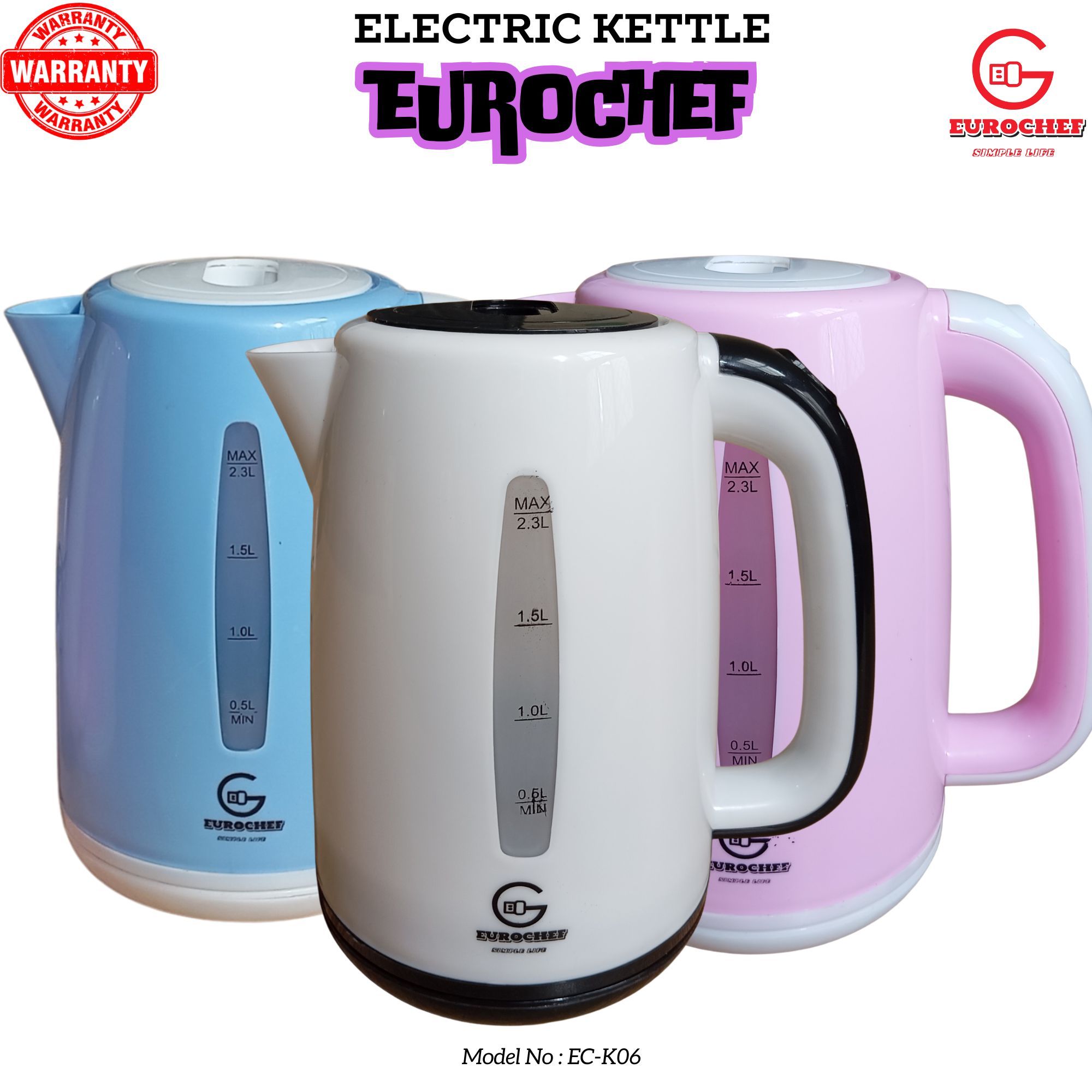 EUROCHEF EC-K06 2.3L Plastic Electric Cordless Kettle Electric Jug for boiling water Kitchen Appliance(1 YR WARRANTY) -PINK BLUE WHITE