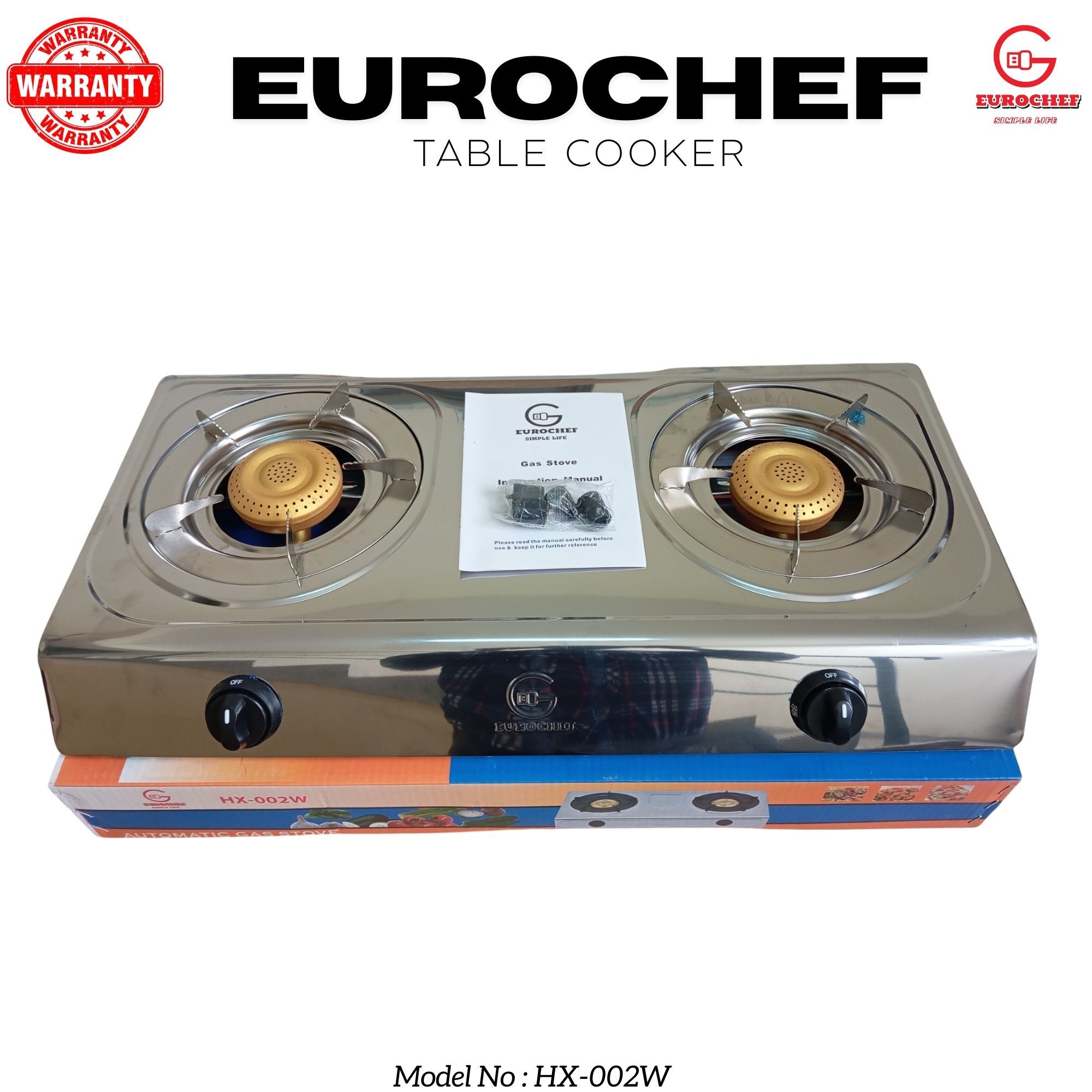 【ExclusiveOffer】Eurochef HX-002W Table Top Stainless Steel 2 Burner Kitchen Appliance Cooktop Gas Cooker