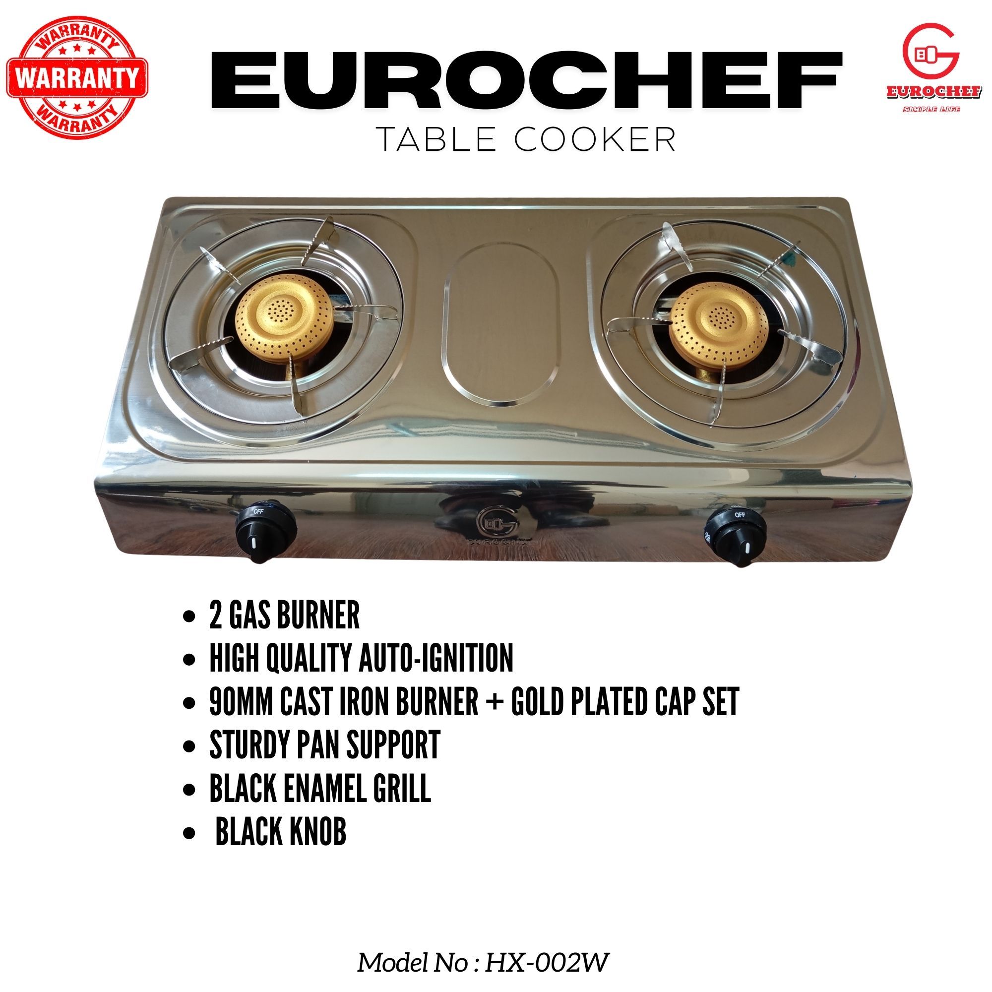 【ExclusiveOffer】Eurochef HX-002W Table Top Stainless Steel 2 Burner Kitchen Appliance Cooktop Gas Cooker