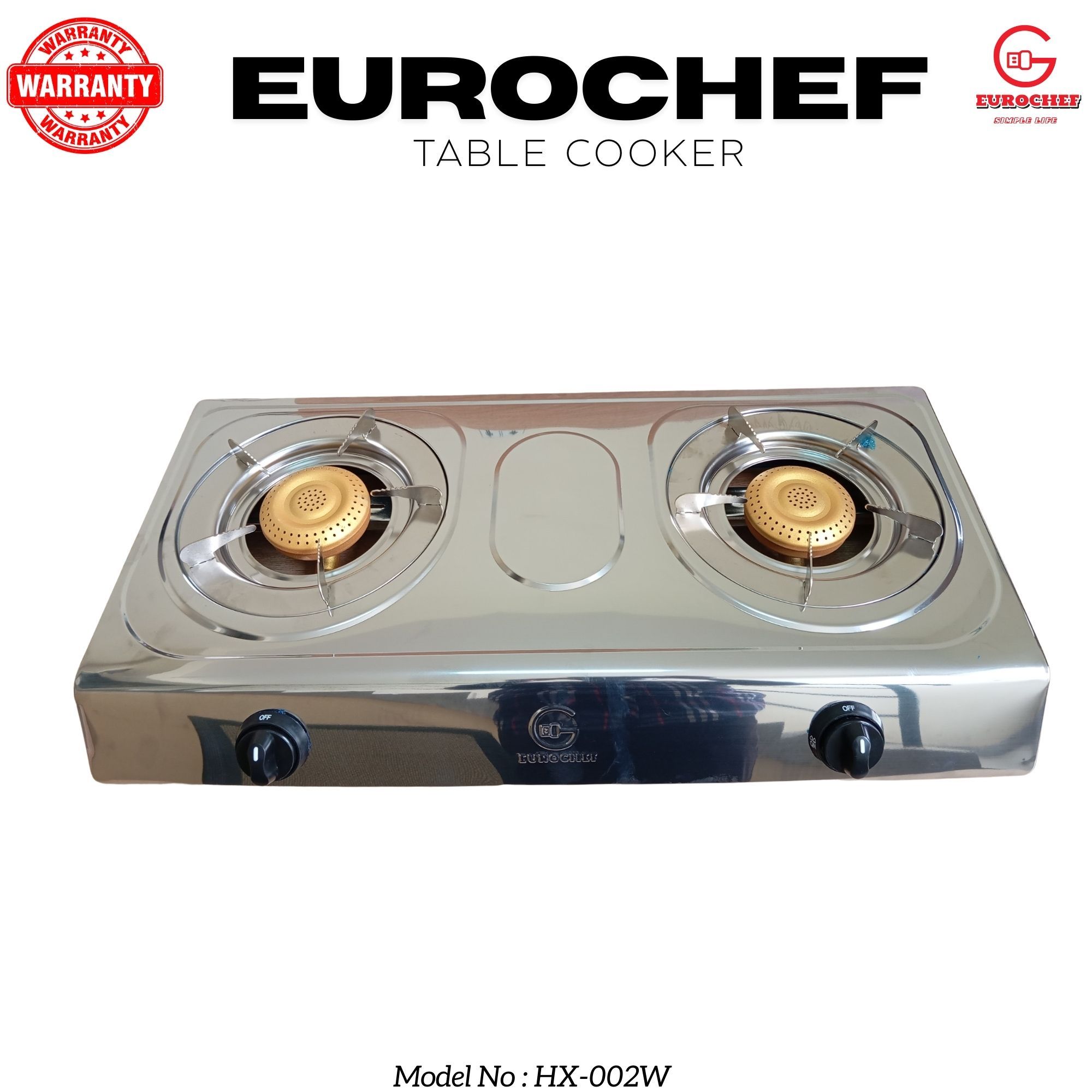 【ExclusiveOffer】Eurochef HX-002W Table Top Stainless Steel 2 Burner Kitchen Appliance Cooktop Gas Cooker