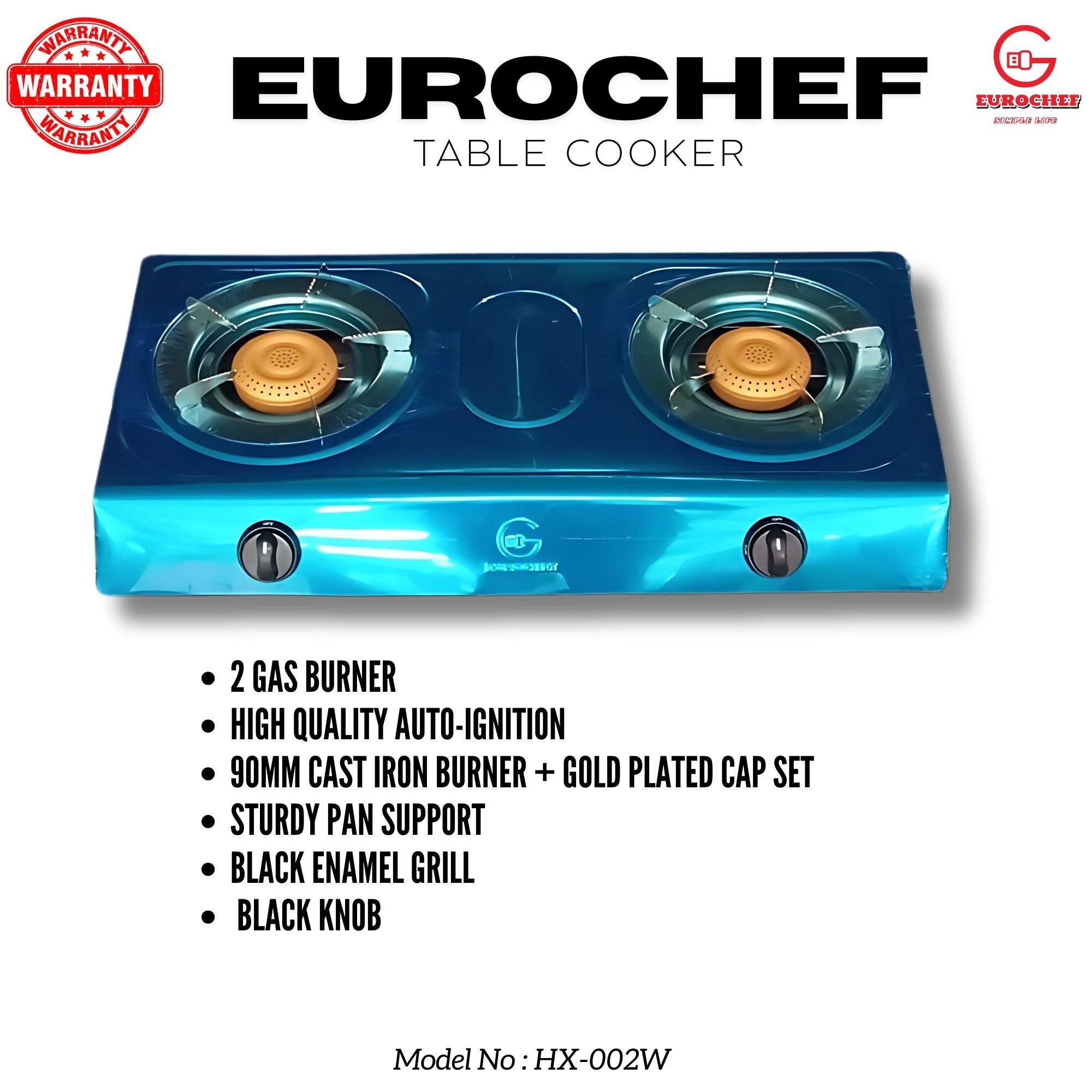 【ExclusiveOffer】Eurochef HX-002W Table Top Stainless Steel 2 Burner Kitchen Appliance Cooktop Gas Cooker