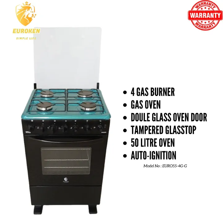 【ExclusiveOffer】Euroken Euro55-4G-G 50L Home Improvement Free Standing Full Gas Cooker Kitchen Appliance With Gas Oven 4 Burners 50X55Cm