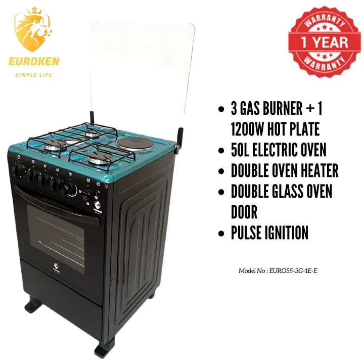 【Exclusive Offer】 Euroken Euro55-3G1E-E  50L Home Improvement   Free Standing  Cooker 3 GAS +1 Hot plate Kitchen Appliance with electric oven - 50X55CM