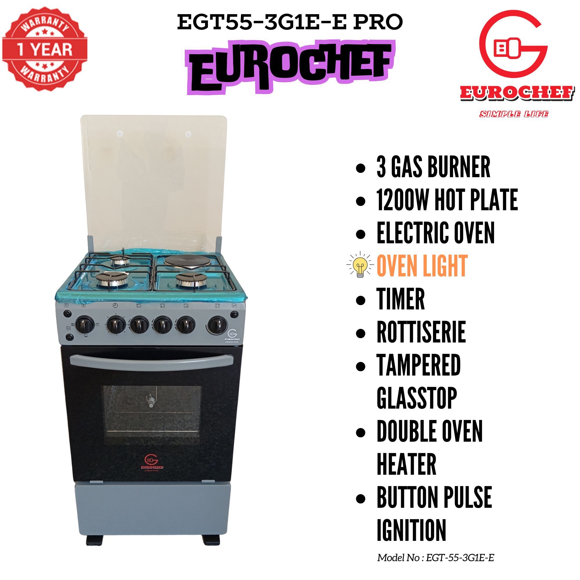 【Exclusive Offer】 Eurochef EGT55-3G1E-E  50L Home Improvement  Free standing Cooker  3 GAS + 1 Hot Plate  Kitchen appliance with electric oven
