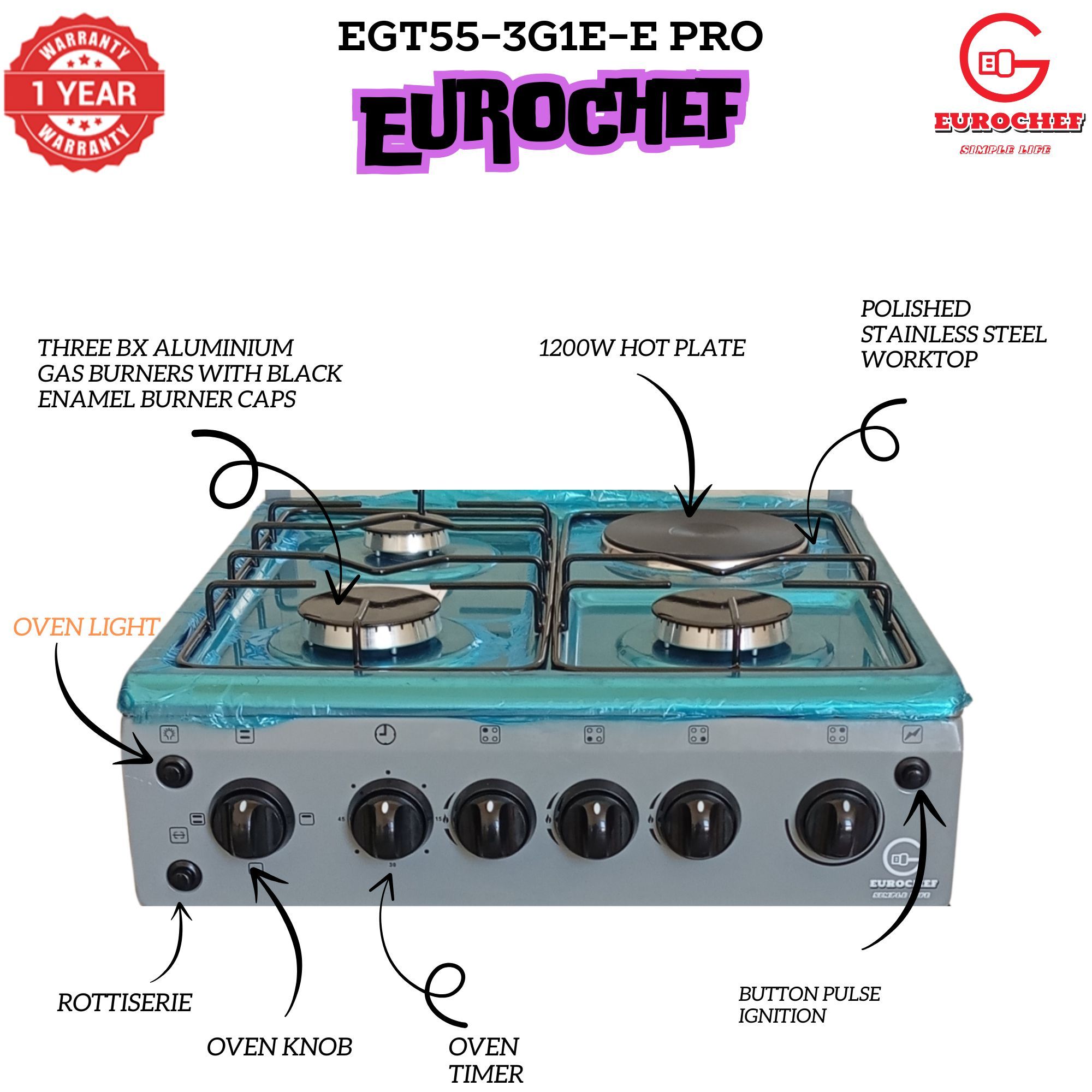 【Exclusive Offer】 Eurochef EGT55-3G1E-E  50L Home Improvement  Free standing Cooker  3 GAS + 1 Hot Plate  Kitchen appliance with electric oven