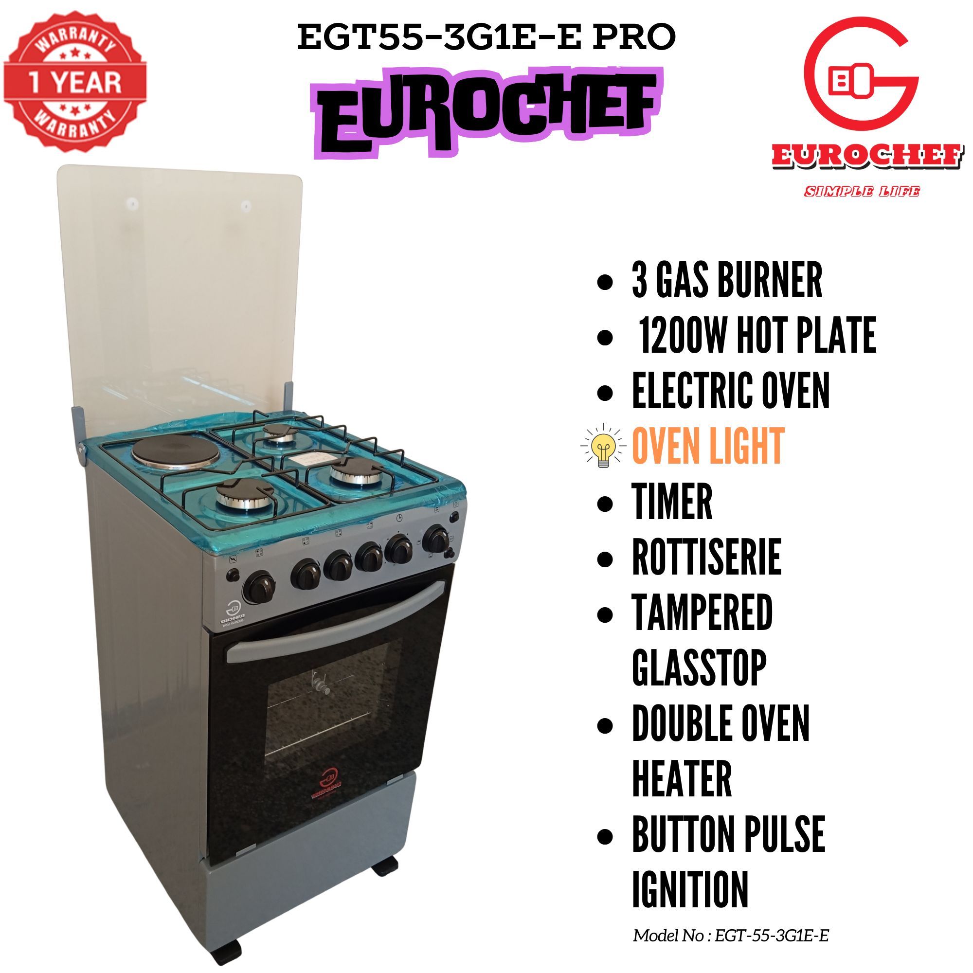 【Exclusive Offer】 Eurochef EGT55-3G1E-E  50L Home Improvement  Free standing Cooker  3 GAS + 1 Hot Plate  Kitchen appliance with electric oven