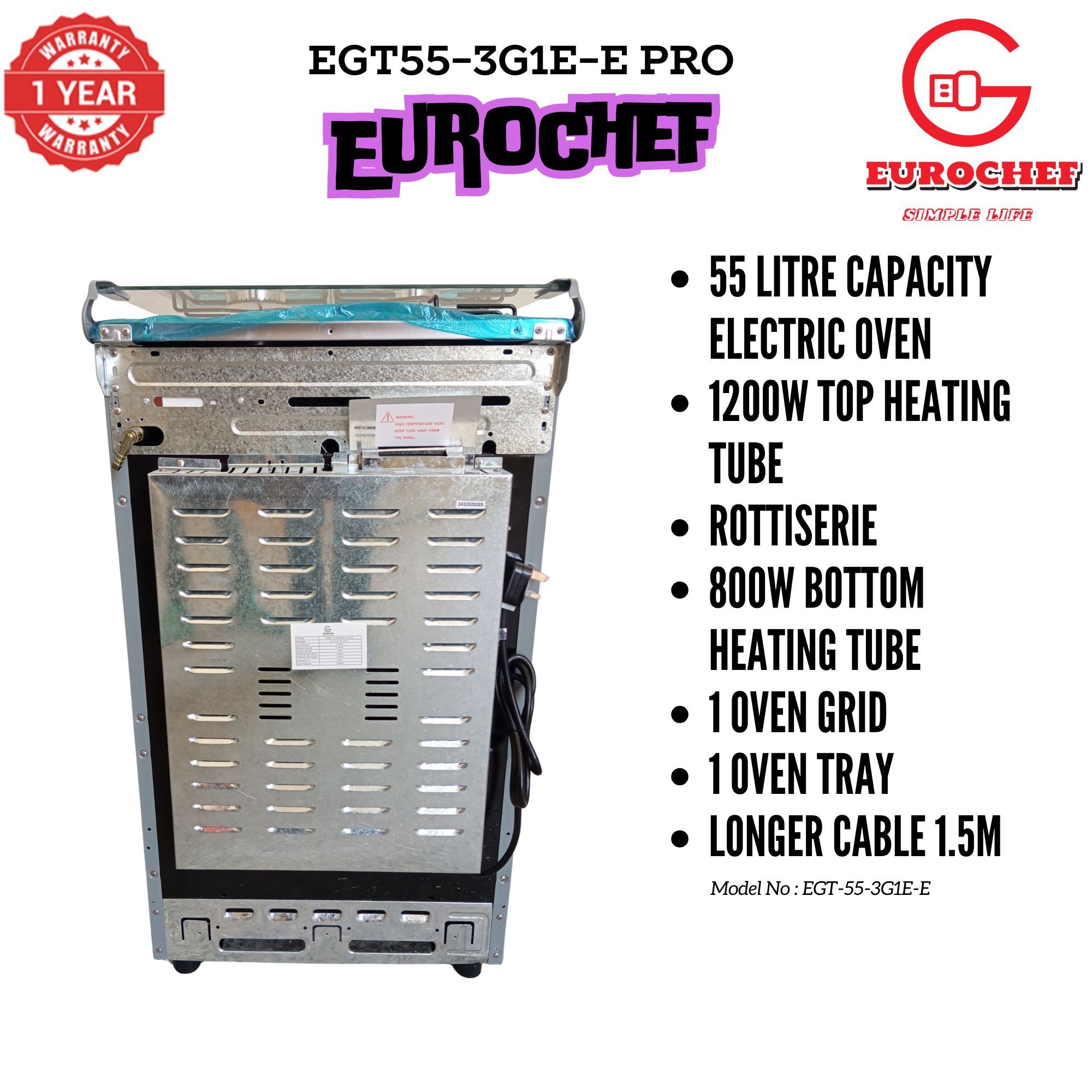 【Exclusive Offer】 Eurochef EGT55-3G1E-E  50L Home Improvement  Free standing Cooker  3 GAS + 1 Hot Plate  Kitchen appliance with electric oven