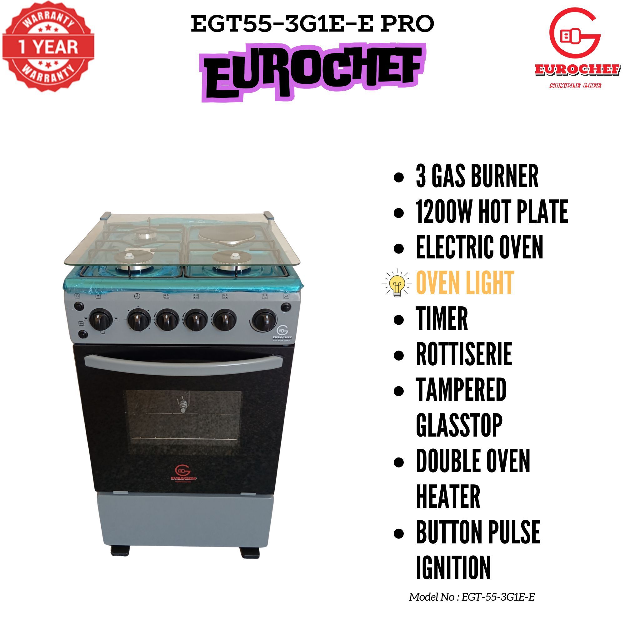【Exclusive Offer】 Eurochef EGT55-3G1E-E  50L Home Improvement  Free standing Cooker  3 GAS + 1 Hot Plate  Kitchen appliance with electric oven
