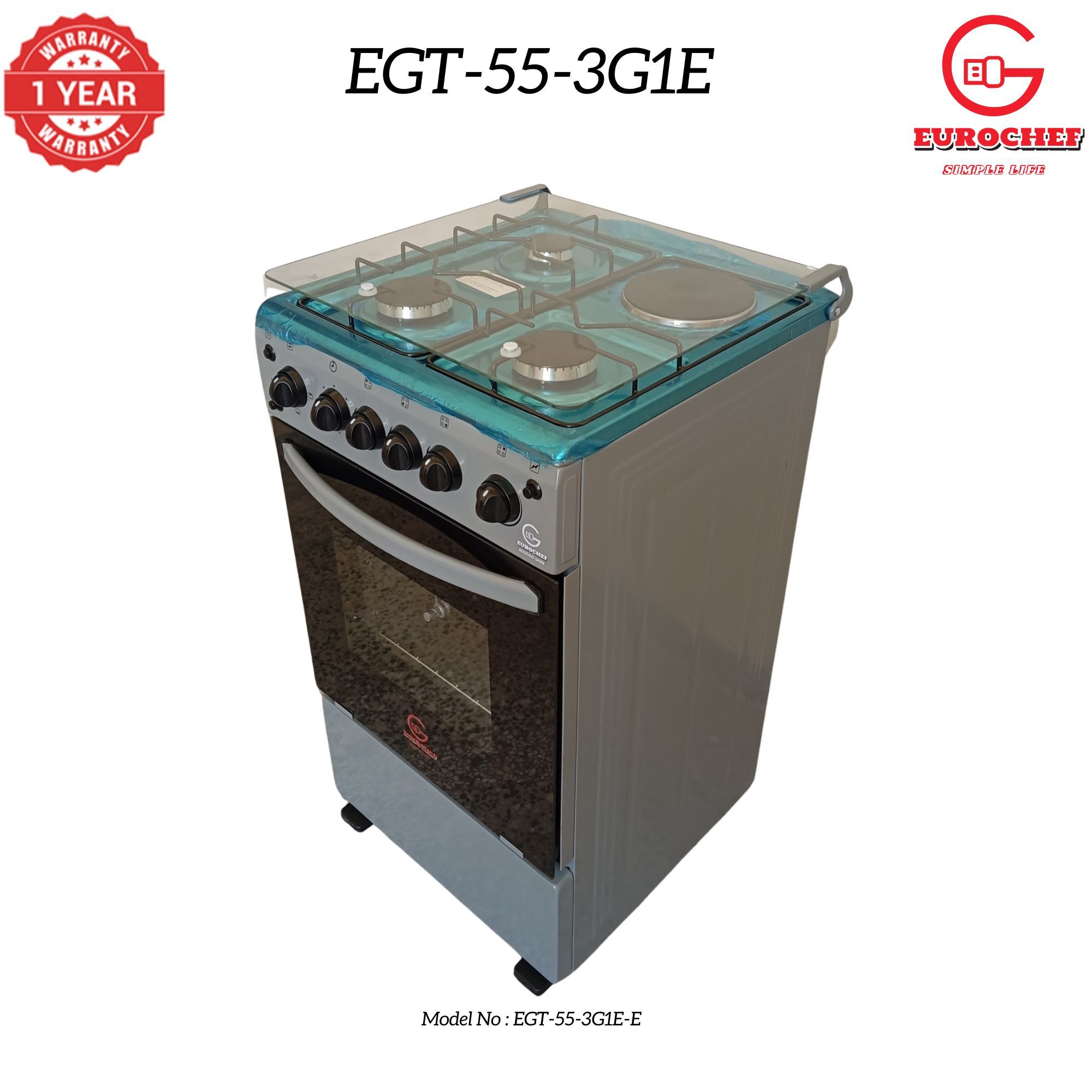 【Exclusive Offer】 Eurochef EGT55-3G1E-E  50L Home Improvement  Free standing Cooker  3 GAS + 1 Hot Plate  Kitchen appliance with electric oven