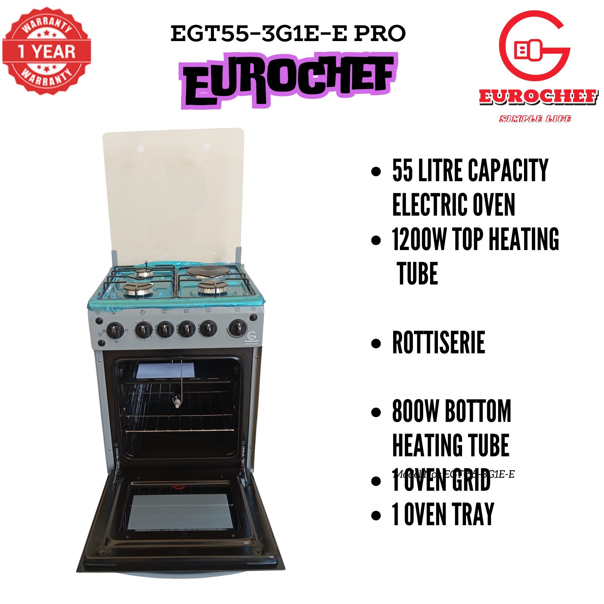 【Exclusive Offer】 Eurochef EGT55-3G1E-E  50L Home Improvement  Free standing Cooker  3 GAS + 1 Hot Plate  Kitchen appliance with electric oven