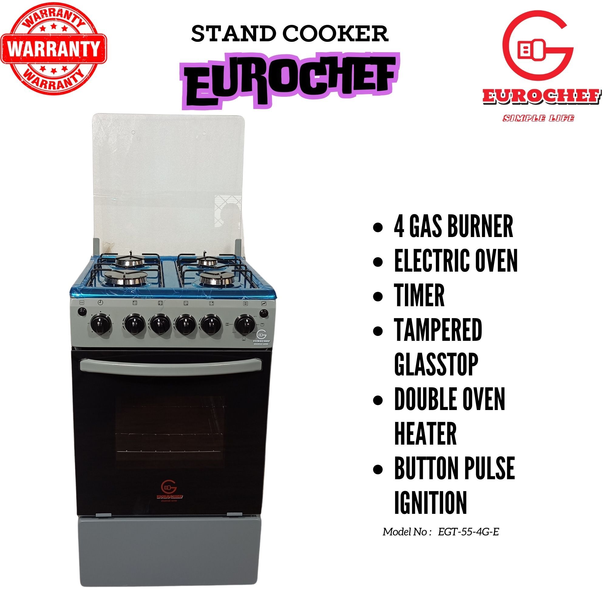 【Exclusive Offer】 EUROCHEF EGT55-4G-E  55L HOME IMPROVEMENT FREE STANDING COOKER  4 GAS BURNER KITCHEN APPLIANCE WITH ELECTRIC OVEN 50X55CM