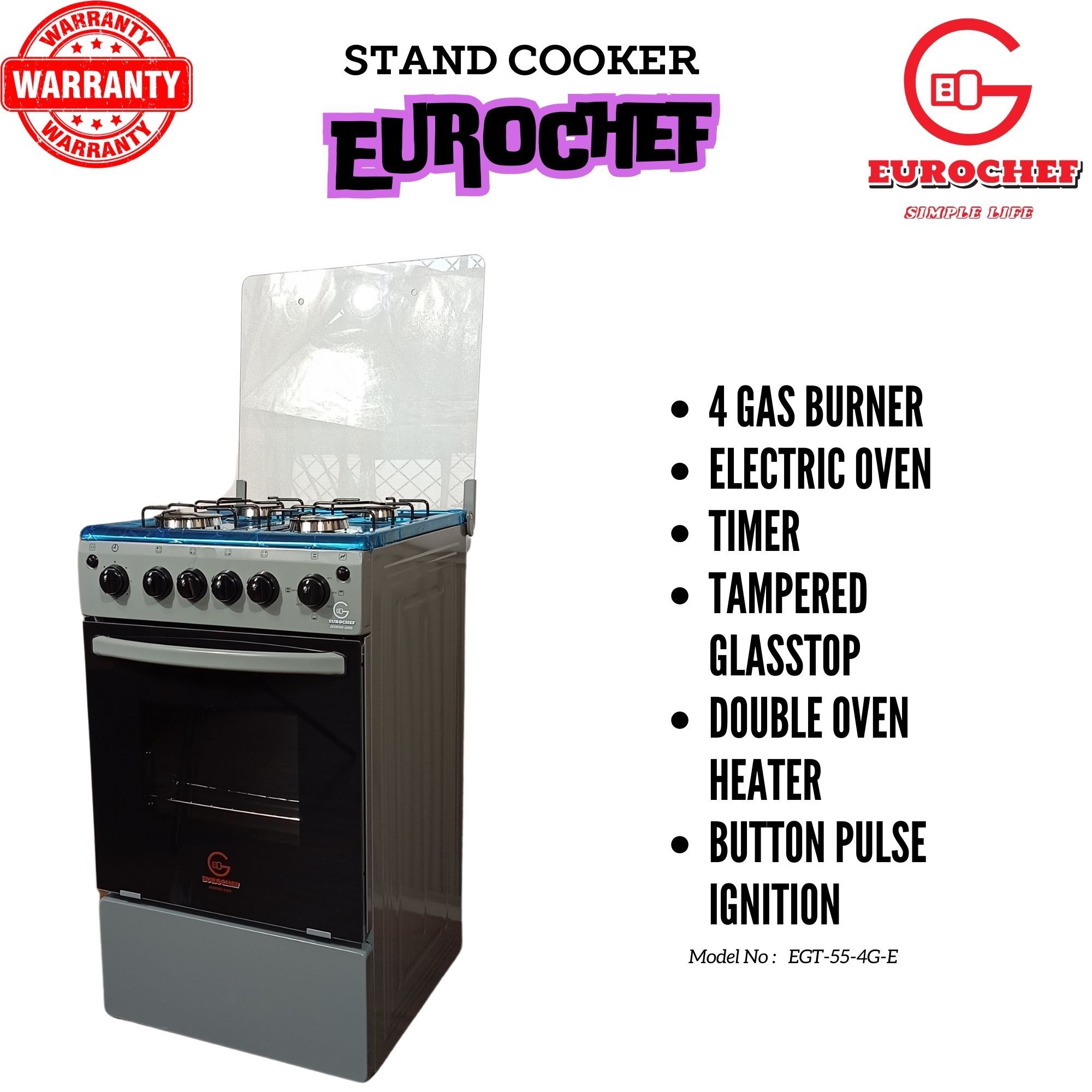 【Exclusive Offer】 EUROCHEF EGT55-4G-E  55L HOME IMPROVEMENT FREE STANDING COOKER  4 GAS BURNER KITCHEN APPLIANCE WITH ELECTRIC OVEN 50X55CM