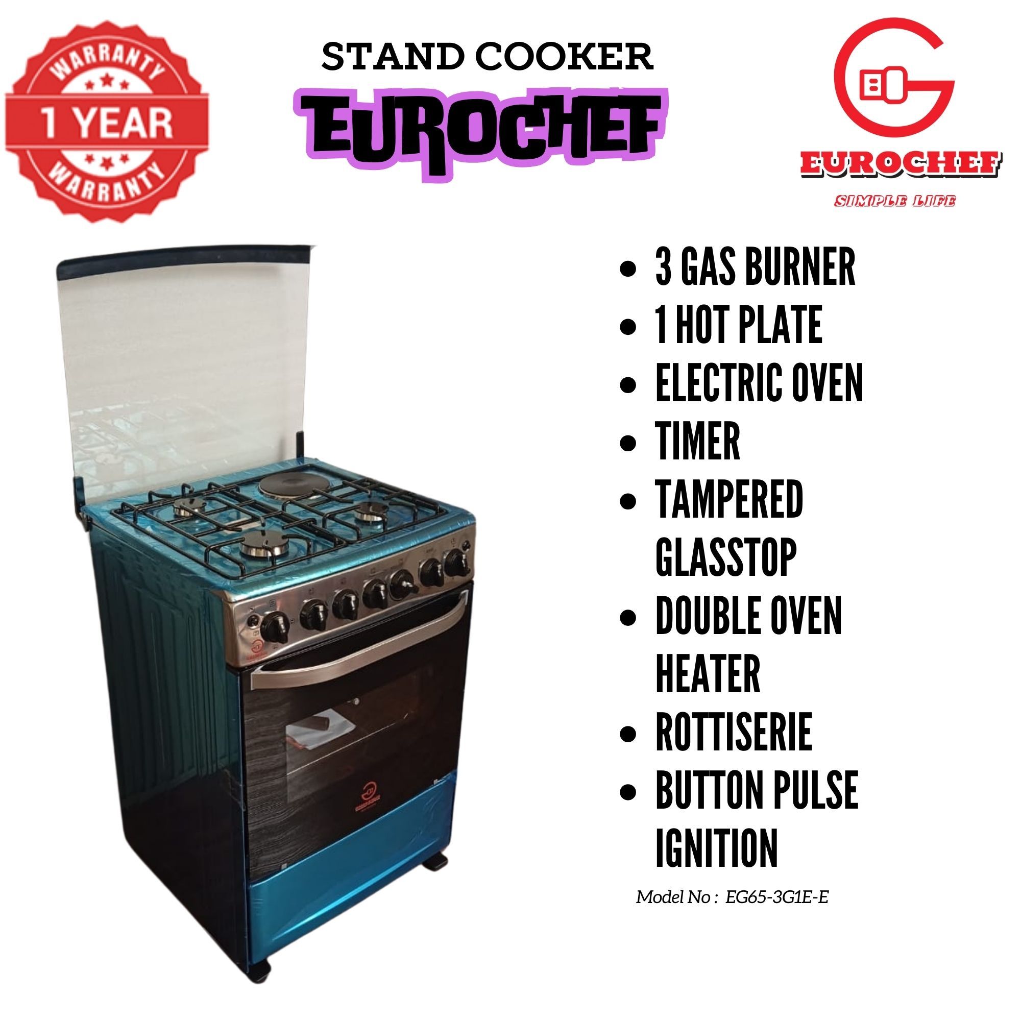 【Exclusive Offer】 EUROCHEF Eurochef EGT65-3G1E-E Home Improvement 67l  Free Standing Cooker  3 Gas +1 Hotplate Kitchen Appliance With Electric Oven