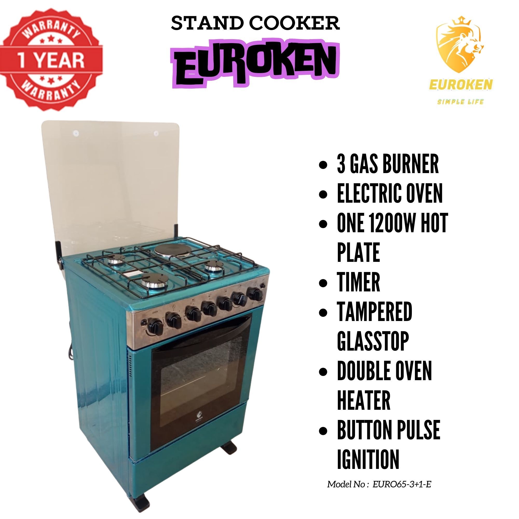 【Exclusive Offer】 Euroken Euro65-3+1E-E  60l Home Improvement  Free Standing Cooker  3 Gas +1 Hotplate Kitchen Appliance With Electric Oven - 60x65cm