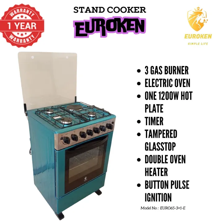 【Exclusive Offer】 Euroken Euro65-3+1E-E  60l Home Improvement  Free Standing Cooker  3 Gas +1 Hotplate Kitchen Appliance With Electric Oven - 60x65cm
