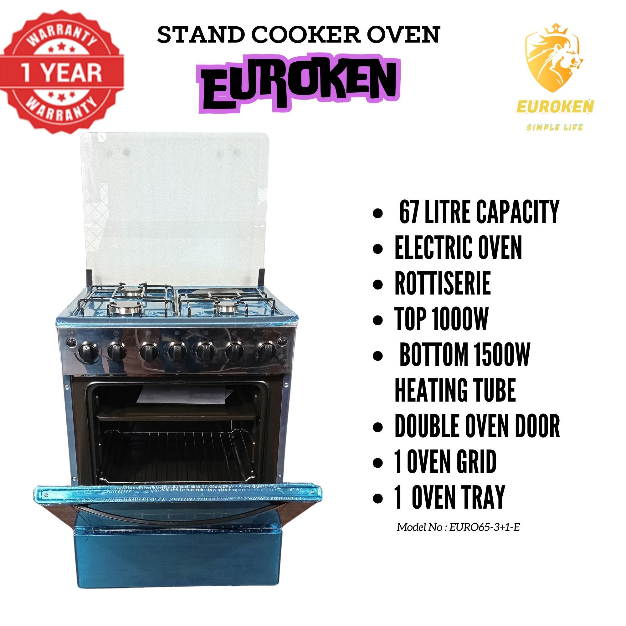 【Exclusive Offer】 Euroken Euro65-3+1E-E  60l Home Improvement  Free Standing Cooker  3 Gas +1 Hotplate Kitchen Appliance With Electric Oven - 60x65cm
