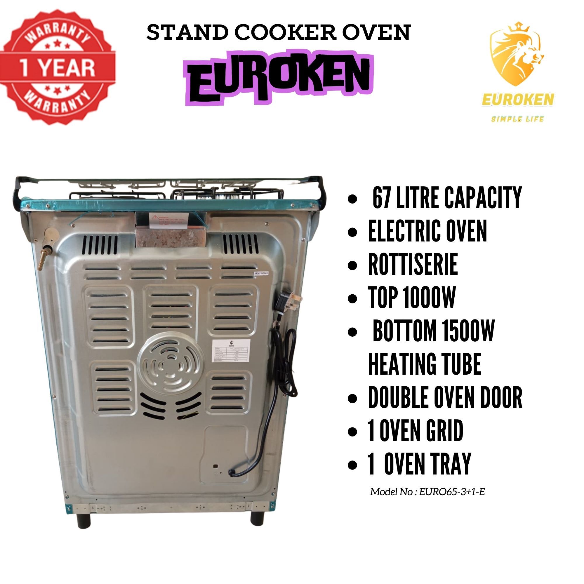 【Exclusive Offer】 Euroken Euro65-3+1E-E  60l Home Improvement  Free Standing Cooker  3 Gas +1 Hotplate Kitchen Appliance With Electric Oven - 60x65cm