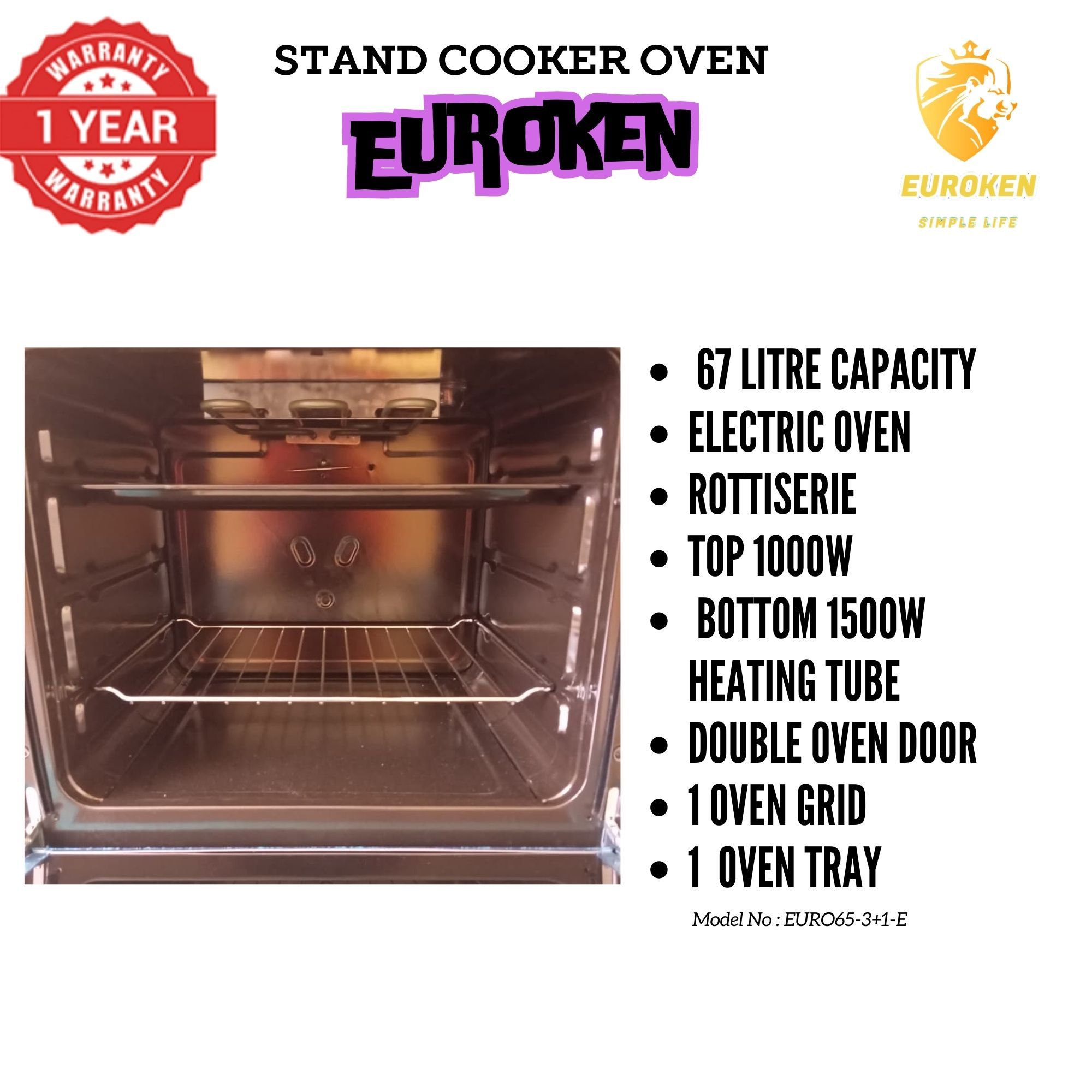 【Exclusive Offer】 Euroken Euro65-3+1E-E  60l Home Improvement  Free Standing Cooker  3 Gas +1 Hotplate Kitchen Appliance With Electric Oven - 60x65cm