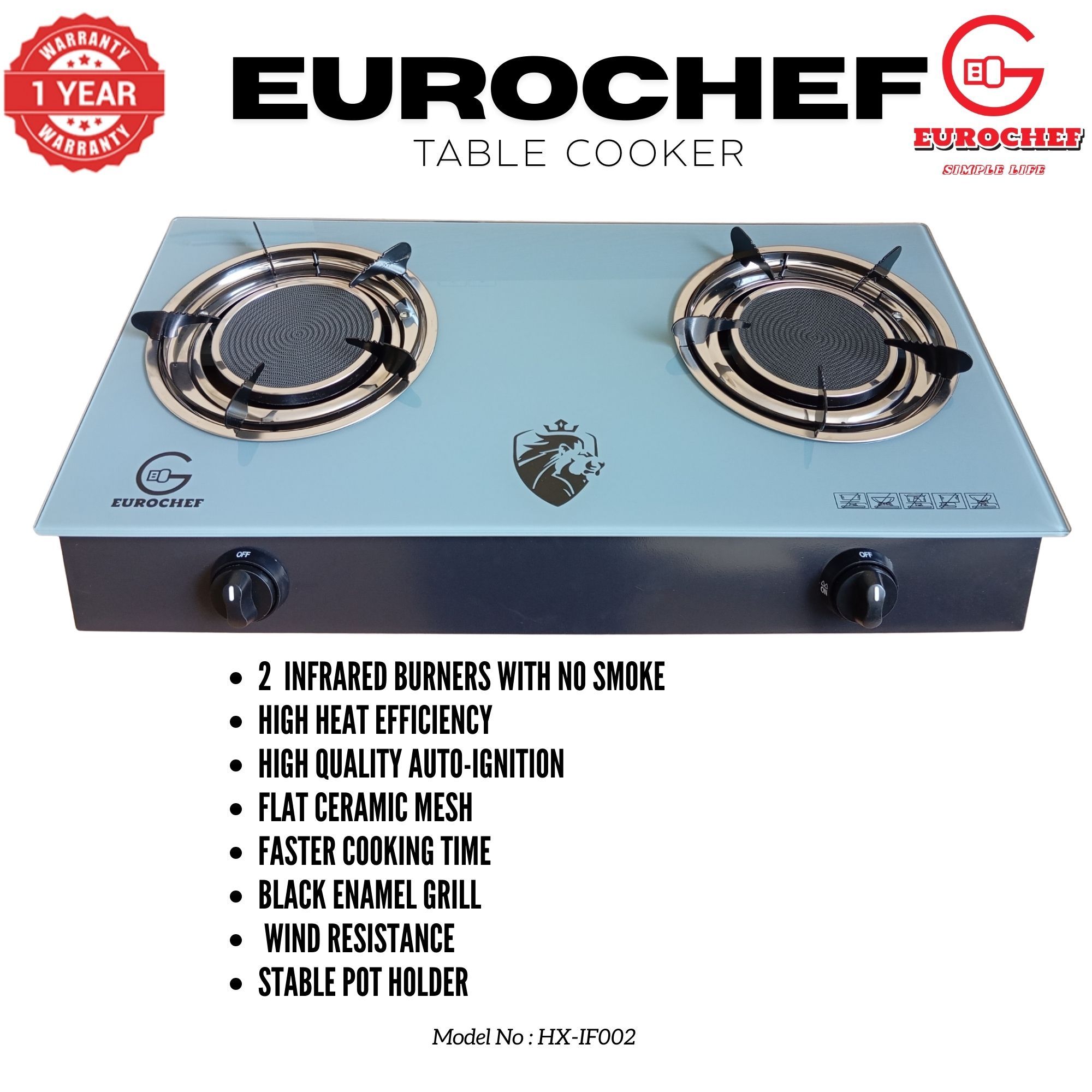 【ExclusiveOffer】EUROCHEF  Infrared Gas Cooker HX-IF02 – 2 Burner Glass Top Table Stove, Grey, Gas Saving & Flame Stability