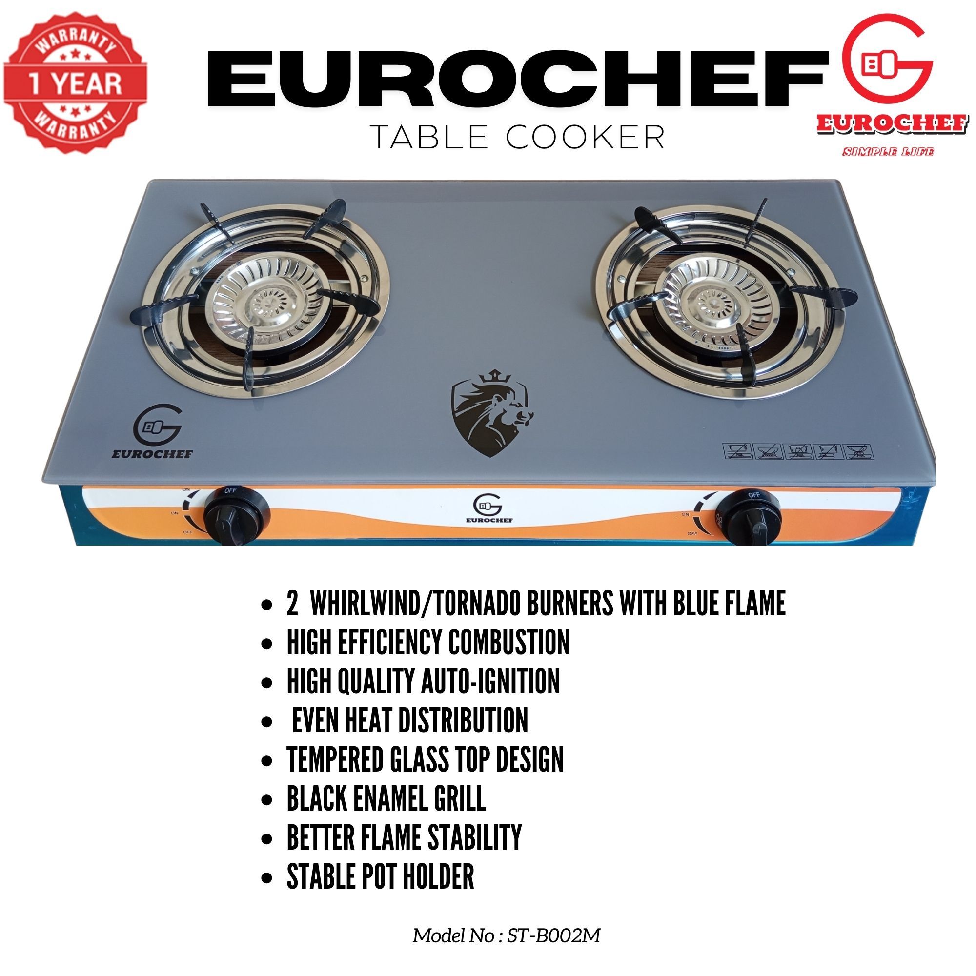 【ExclusiveOffer】EUROCHEF ST-B002M Two Burner Glass Top Table Cooker -Grey