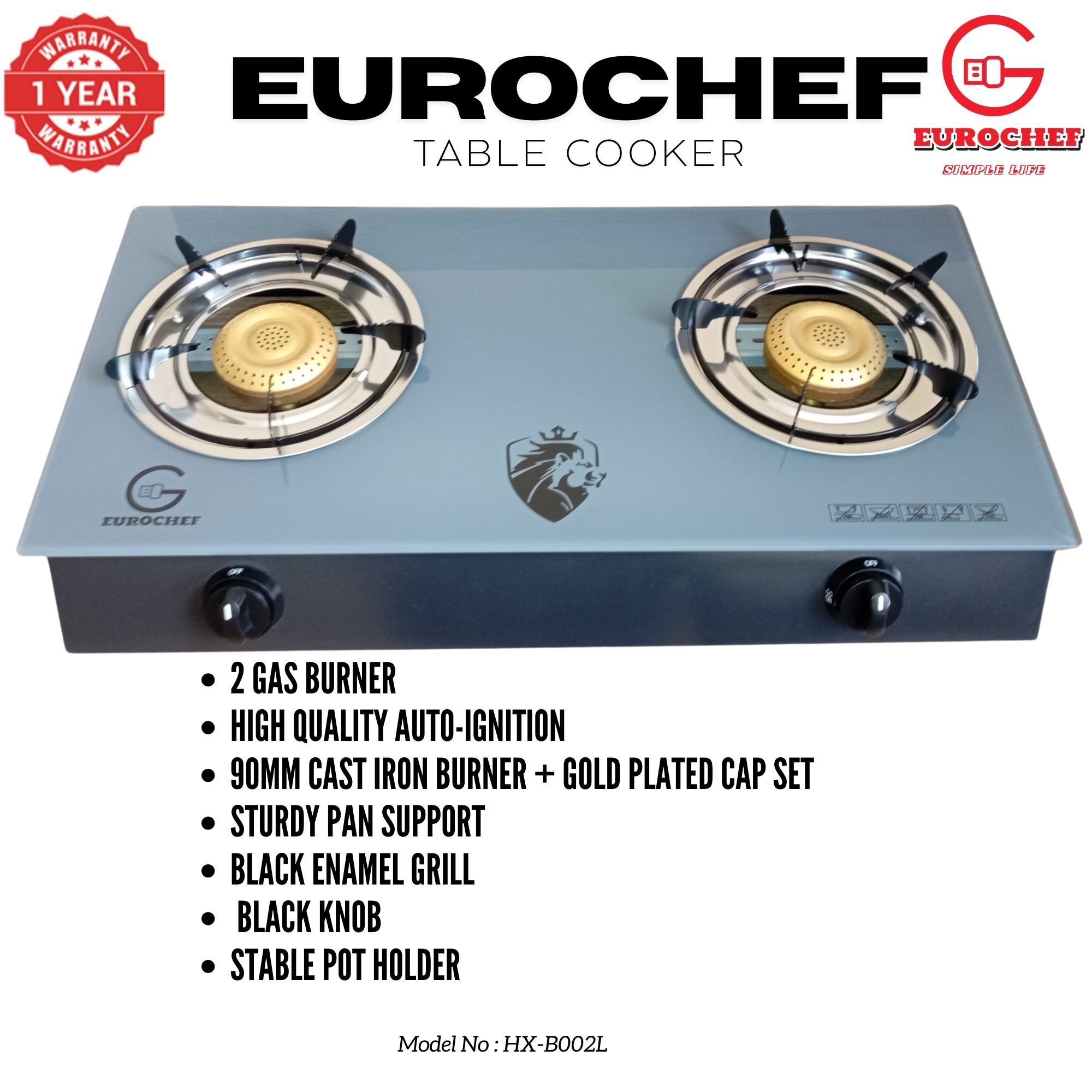 【Exclusive Offer】HX-B002L Two Burner Glass Top Table Cooker Grey
